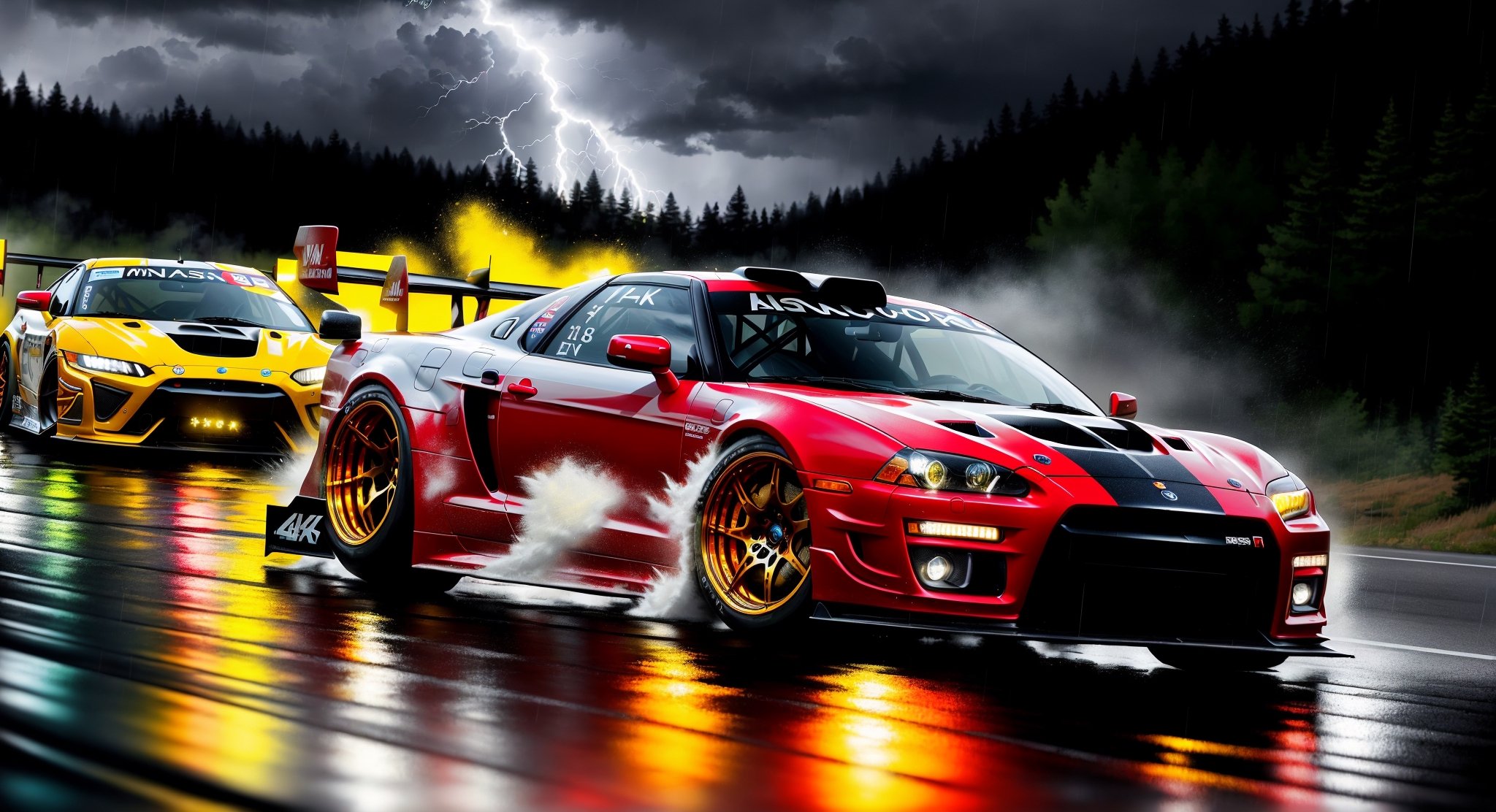 Race cars in a high speed street race (best quality,4k,8k,highres,masterpiece:1.2),ultra-detailed, ((a customized car)), ((street racer)), ((a beautiful paintjob)), ((fully detailed)), illustration, vivid colors, GTR, NSX,  Drifting, going fast, night, bright yellow headlights,setting USA Oregon's Mountain roads, No text on signs, Late night time, Set in a rain storm with lightning,1 car.,Nature, model shoot style, Fast action style, Sideways drifting in to a turn, Red and black cars, 