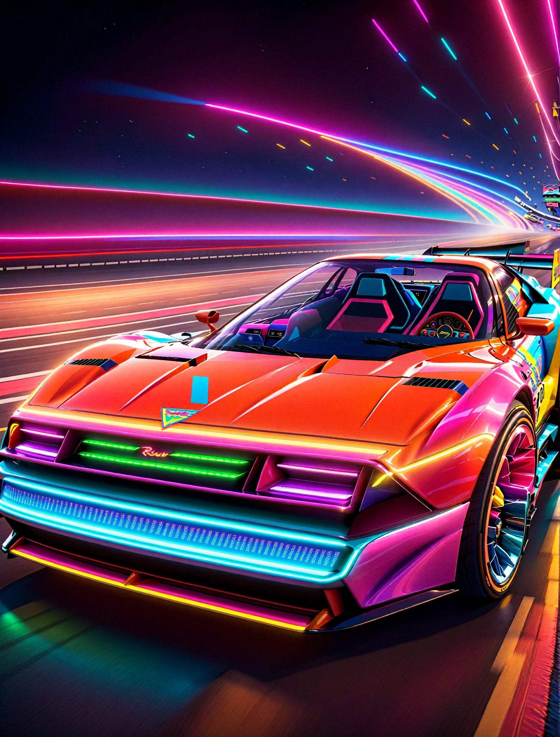 Get Ready to Shift into High Gear! 'Race On' Video Game Cover Art: A Retro Arcade Machine's Masterpiece. A neon-lit, pixel-perfect retro arcade machine hums with excitement as sleek race cars zoom past the finish line and the checkered flag waves triumphantly. The 80s-retro wave artwork pulses with energy, transporting you to an era of outrun and computer game art mastery.,c_car,H effect,Concept Cars