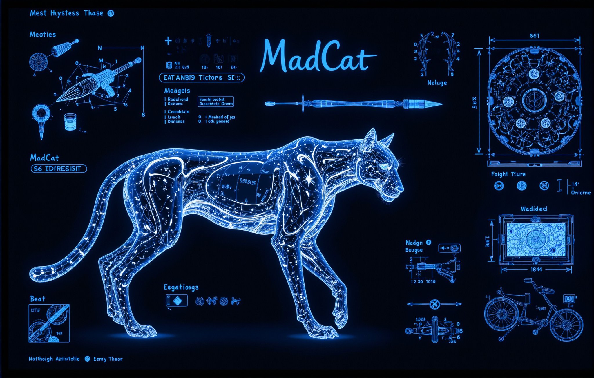 3D Technical schematic blueprints for A futuristic cybernetic cheetah designed for the military, side-facing, is meticulously illustrated in 3D style on Blue paper. The feline's body glows striking white  set against a black background. White outlines define the body, glowing light blue eyes, The bold phrase 'MadCat' is written in white letters at the top. Mechanical parts and technical details are showcased through precision illustration, highlighted with white pencil lines and nuts/bolts. Measurements and specifications are outlined, adding an air of majesty to this epic fantasy art masterpiece. In stunning 16K UHD resolution, every detail shines, from the intricate textures to the super-sharp focus, making this artwork a true work of art.,aidmaGlow