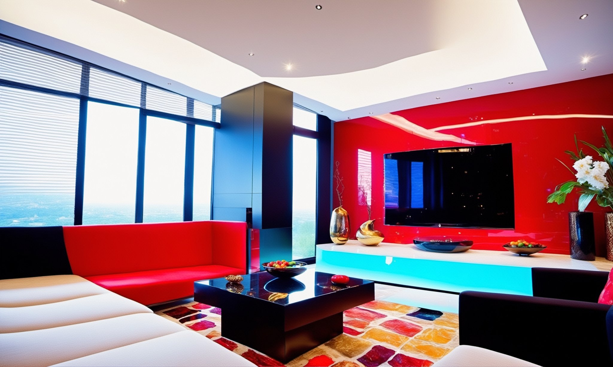 A wide-angle shot captures the masculine high tech and modern and classy fung shui vibe of the living room with colors of black red silver gold and glass, a TV covers a hole wall projector style with the screen displaying a colorful vibrant clear image of a Ferrari, a large windowed wall with a sliding glass door that is open to a patio outside with a view of New York city, the every color and form in the room has equal balance, the room has a uniformed square checkerboard patern marble floor that is the central focal point amidst the tall walls and soaring ceiling. The camera gazes upon the square space, with a  larger back wall and shorter side walls that are even and have no doors, the room is about new beginnings and possibilities.