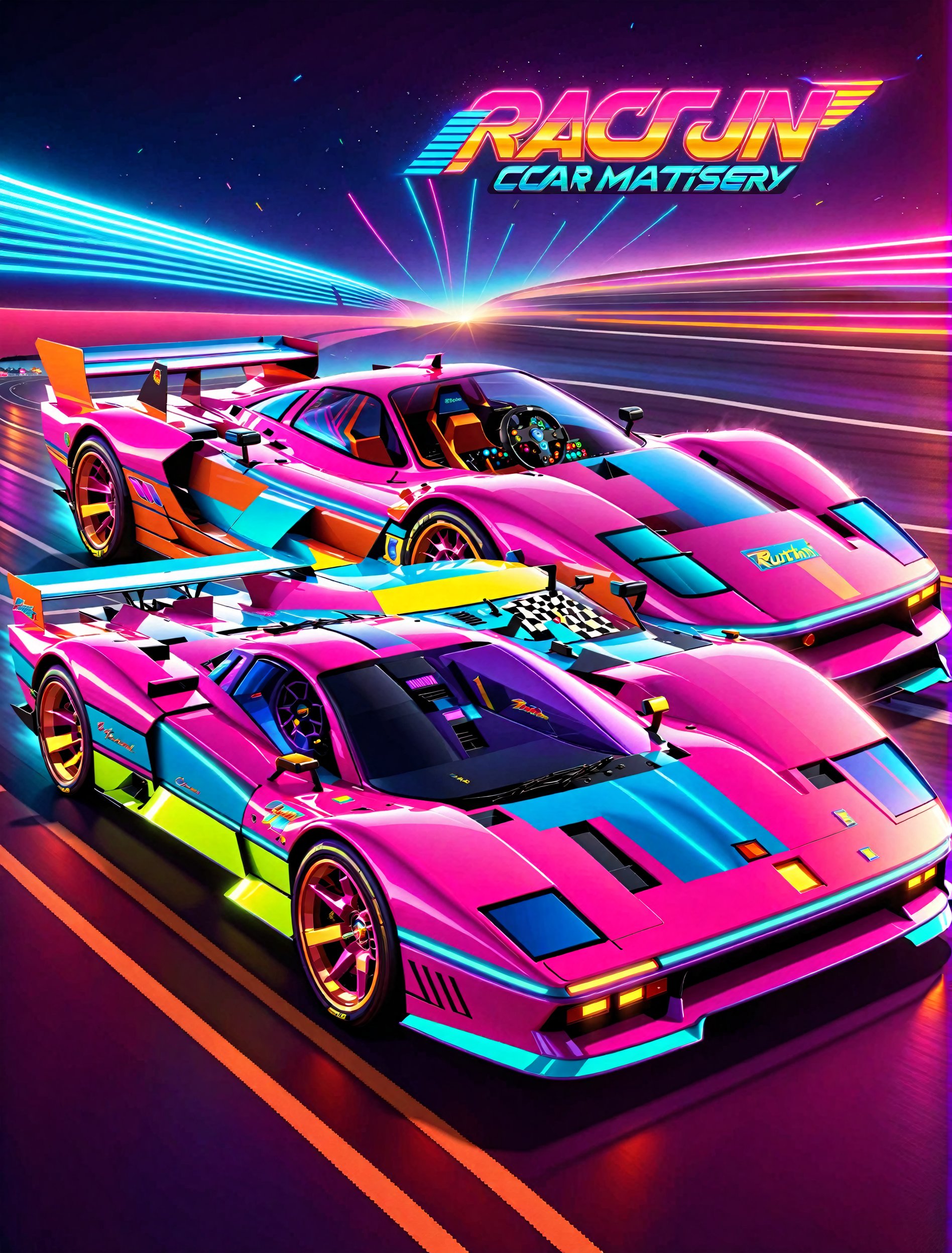 Get Ready to Shift into High Gear! 'Race On' Video Game Cover Art: A Retro Arcade Machine's Masterpiece. A neon-lit, pixel-perfect retro arcade machine hums with excitement as sleek race cars zoom past the finish line and the checkered flag waves triumphantly. The 80s-retro wave artwork pulses with energy, transporting you to an era of outrun and computer game art mastery.,c_car,H effect,Concept Cars