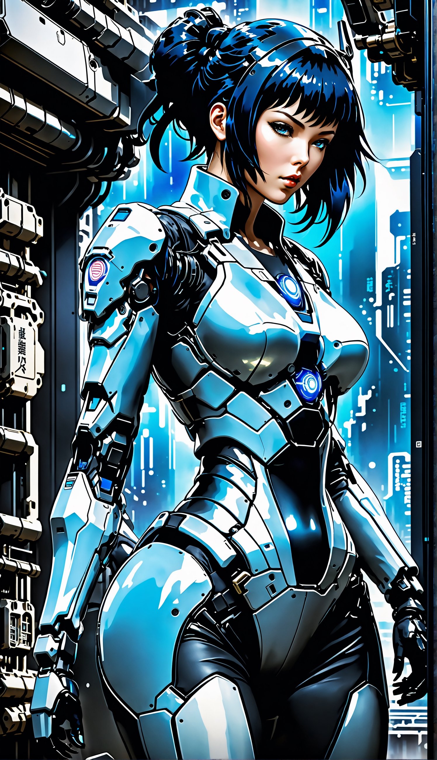 Ghost in the Shell Vol.2, by Luis Duarte, Luis Duarte style, blue and black shading, Neo-Tokyo style, Element Air, Mythpunk, Graphic Interface, Sci-Fic Art, Dark Influence, NijiExpress 3D v3, Kinetic Art, Datanoshing, Oilpainting, Ink v3, Splash style, Abstract Art, Abstract Tech, Cyber Tech Elements, Futuristic, Illustrated v3, Deco Influence, Anime style,mecha