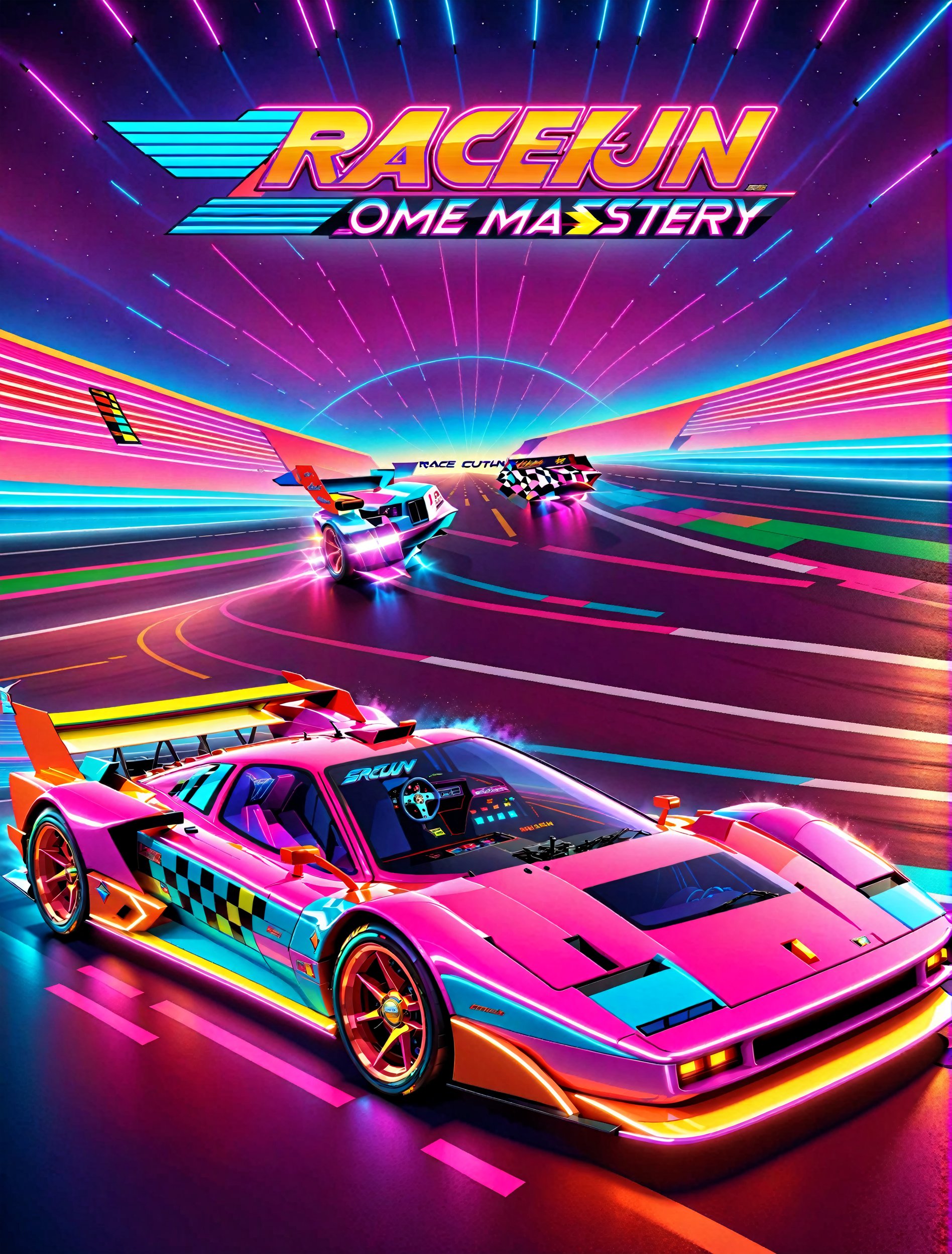 Get Ready to Shift into High Gear! 'Race On' Video Game Cover Art: A Retro Arcade Machine's Masterpiece. A neon-lit,  pixe...