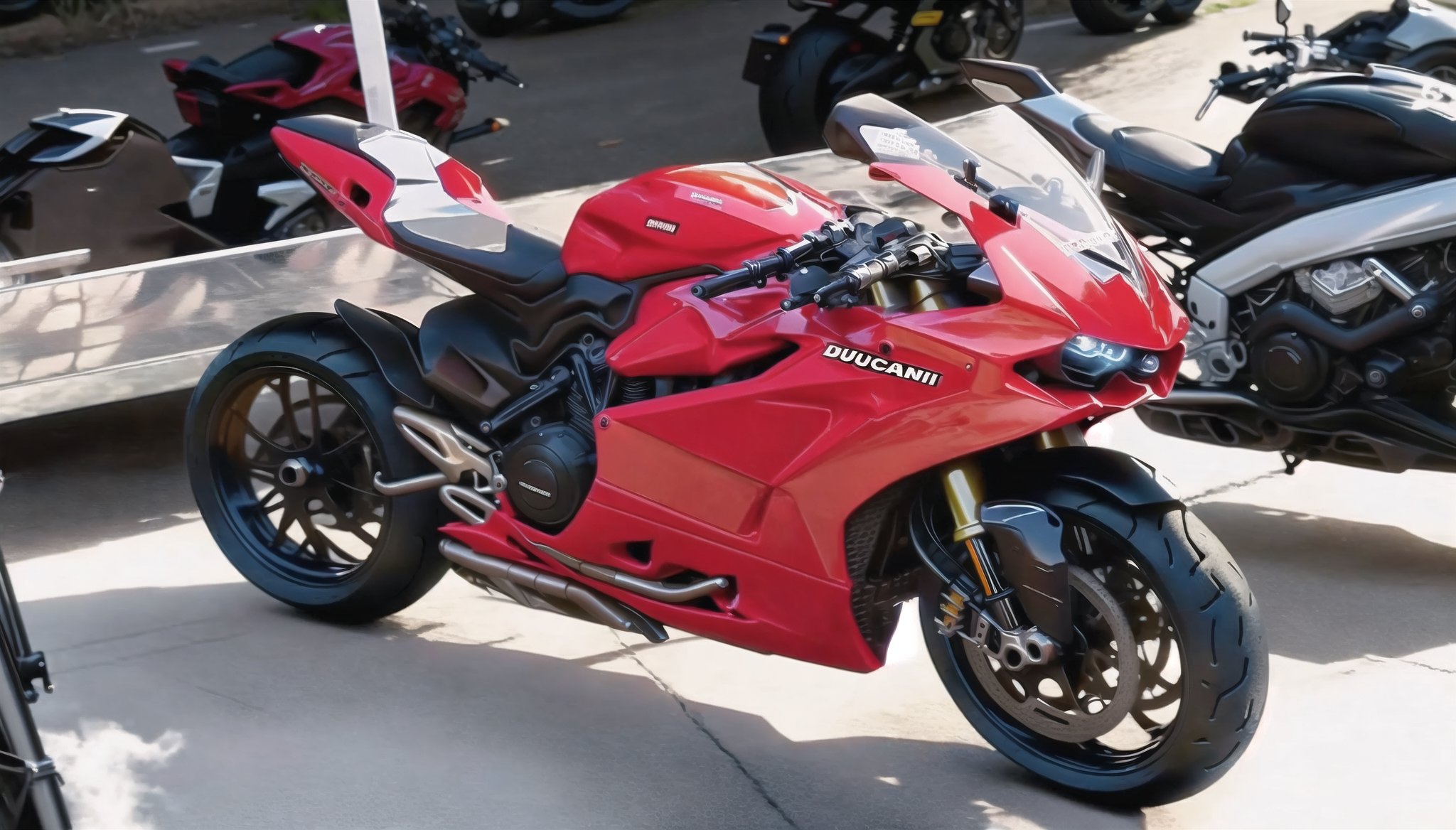 motorcycles parked in a lot with a trailer behind them, huge ducati panigrale motorbike, contest winning masterpiece, 