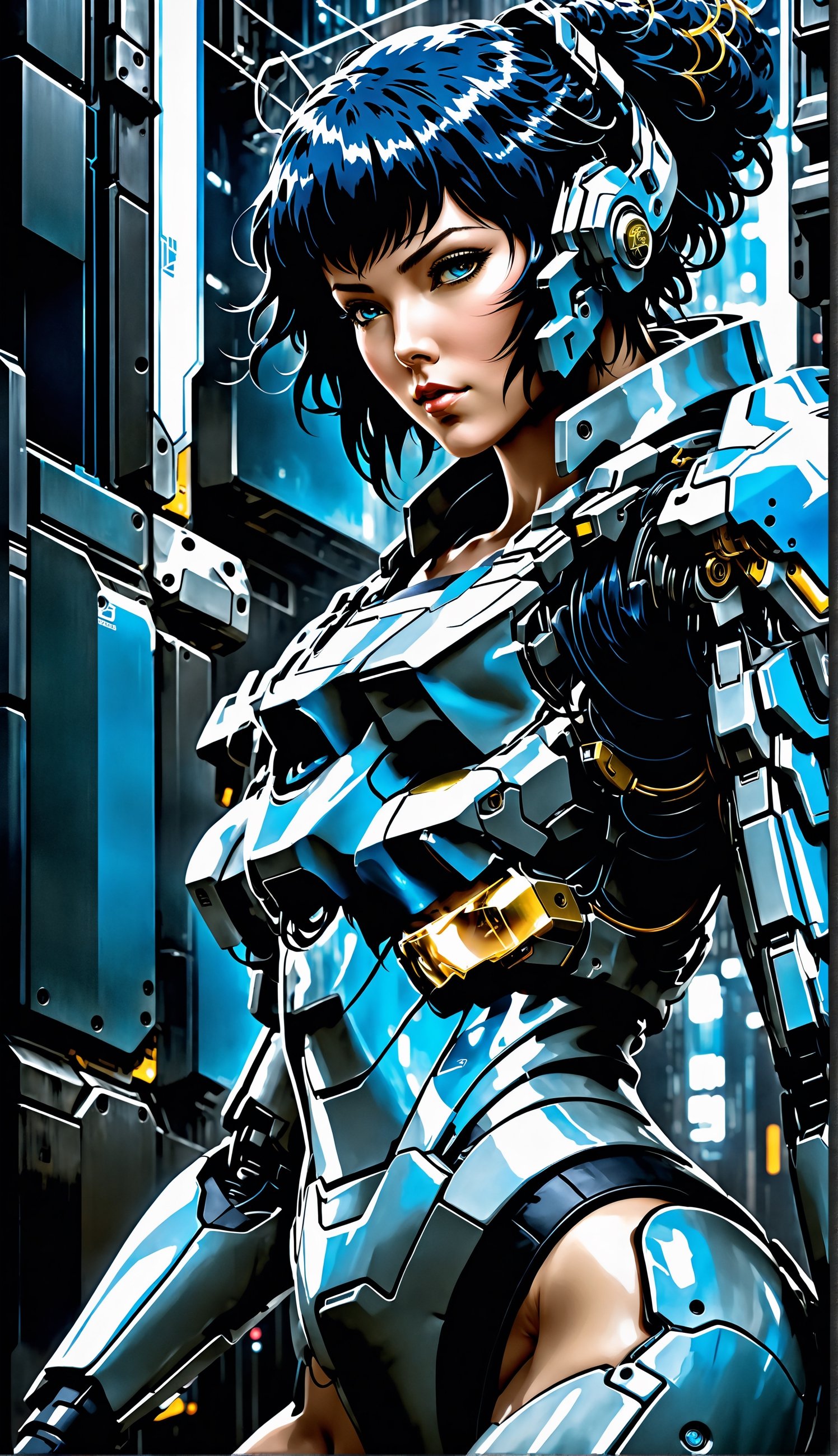 Ghost in the Shell Vol.2, by Luis Duarte, Luis Duarte style, blue and black shading, Neo-Tokyo style, Element Air, Mythpunk, Graphic Interface, Sci-Fic Art, Dark Influence, NijiExpress 3D v3, Kinetic Art, Datanoshing, Oilpainting, Ink v3, Splash style, Abstract Art, Abstract Tech, Cyber Tech Elements, Futuristic, Illustrated v3, Deco Influence, Anime style,mecha,PD-802X4