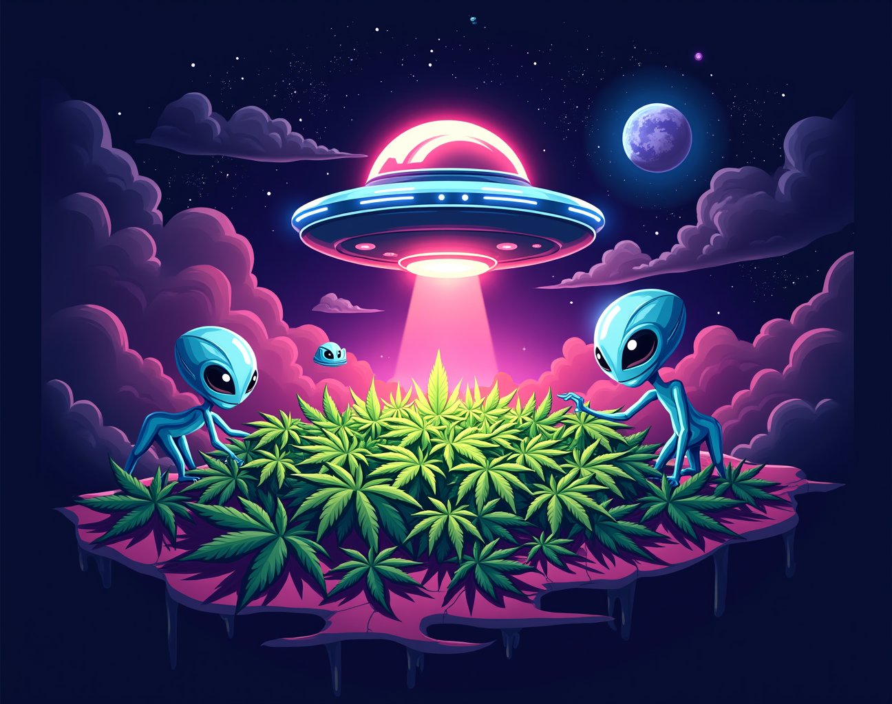 Create a vibrant,  eye-catching image for the cannabis company "Area 420" with a distinct space and alien theme. The desig...