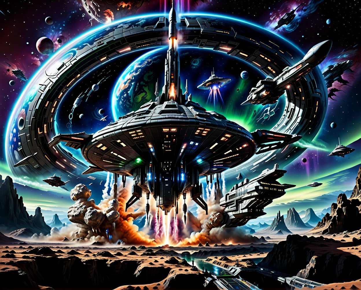 futuristic spaceship,  smooth lines aerodynamic,  flying in space spaceship taking off rocket fire from the bottom of the...