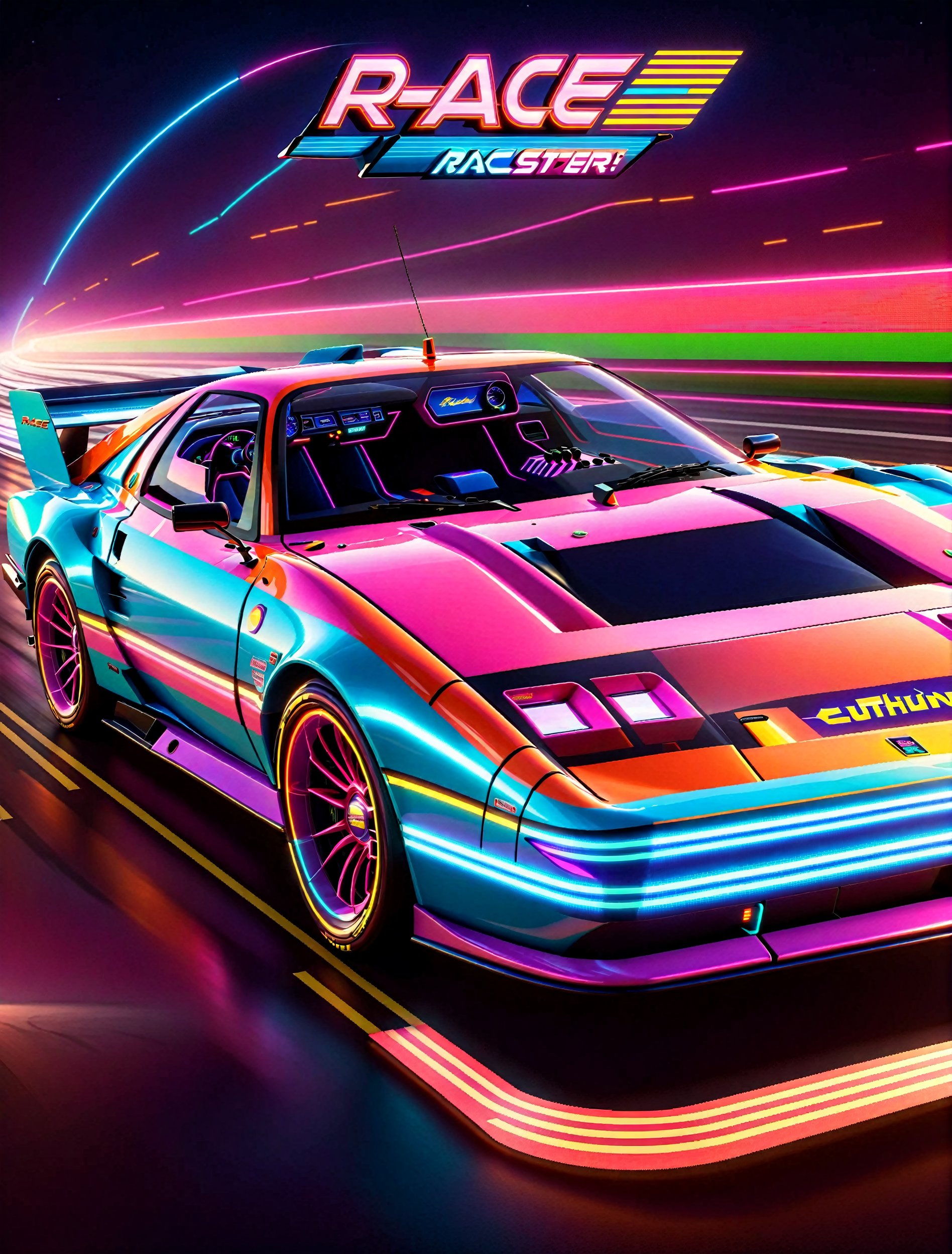 Get Ready to Shift into High Gear! 'Race On' Video Game Cover Art: A Retro Arcade Machine's Masterpiece. A neon-lit, pixel-perfect retro arcade machine hums with excitement as sleek race cars zoom past the finish line and the checkered flag waves triumphantly. The 80s-retro wave artwork pulses with energy, transporting you to an era of outrun and computer game art mastery.,c_car,H effect,Concept Cars