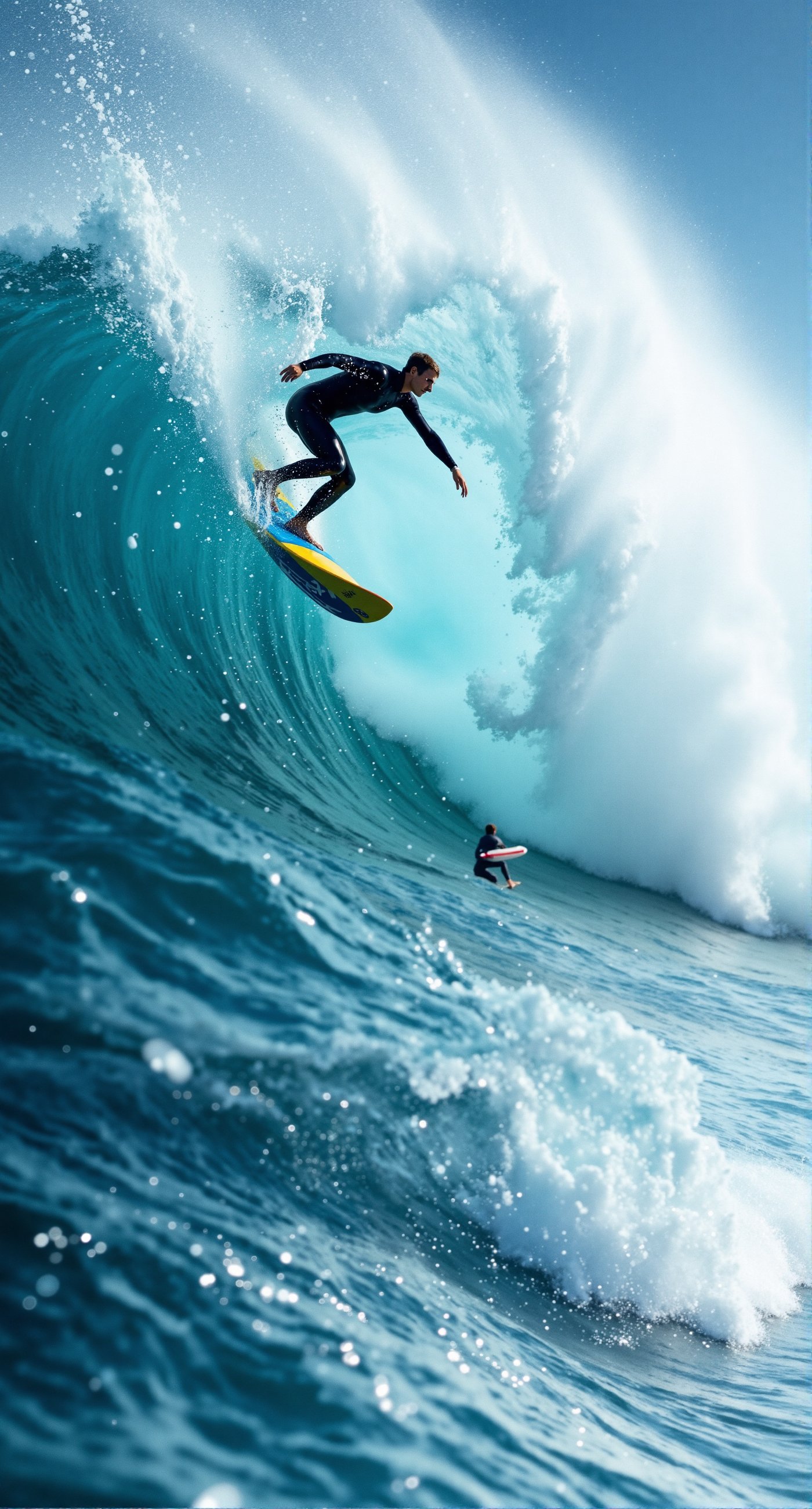 Action photography style, (((ultra photo REALISTIC))), sharp focus, extreme detail description, professional, vivid colors, bold color palette, photorealism, a group of surfers are seen riding a huge wave in the ocean. The surfers, dressed in black wetsuits, are atop a bright yellow, blue, green, redsurfboards, while the surfers on the right are on a white surfboard. The water is a deep blue, and the waves are a light blue-green, creating a white splash on the top of the wave. The sky is a pale blue, with a few wispy clouds in the distance.., 16K UHD resolution, this masterpiece showcases unparalleled quality, accuracy, and attention to detail, extremely high quality RAW photograph, detailed background, intricate, Exquisite details and textures, highly detailed, ultra detailed photograph, warm lighting, sharp focus, high resolution, Hyperrealism, masterpiece, accurate, super detail, best quality, award winning, highres, 16k 8k uhd, dslr, high quality,WaterElement,PT[WPM]