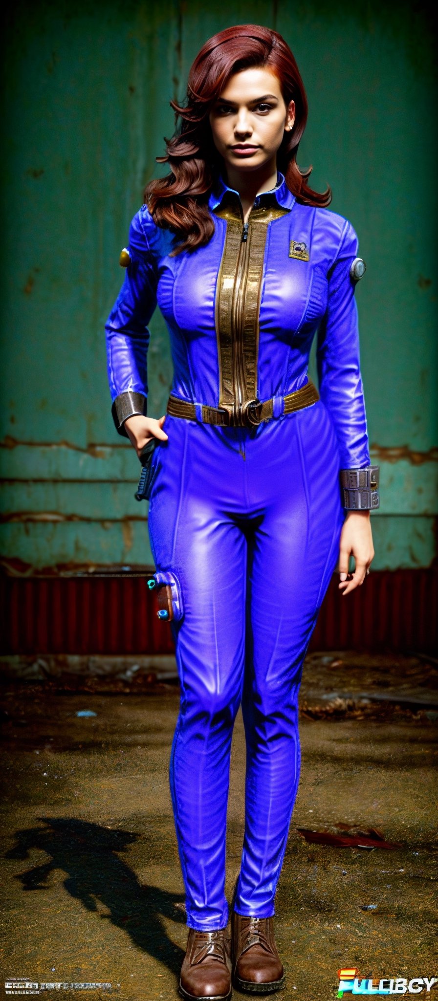 (((Fullbody view))), photorealistic, high resolution, 1women, solo,  (detailed face), dark red hair, long hair, fallout vaultsuit pipboy3000, blue suit