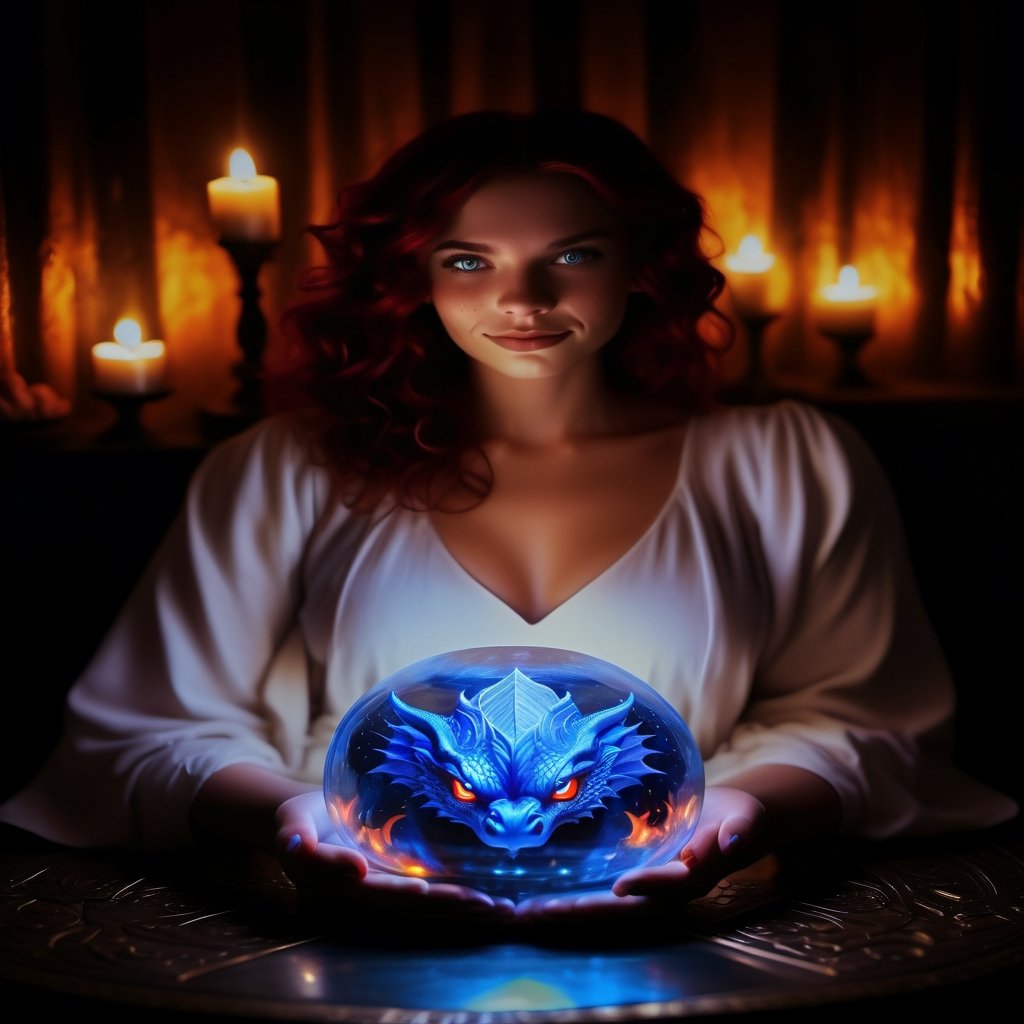 young Beautiful Gypsy fortune teller blond with red eyes she has a stunning glowing crystal ball with a realistic dragons face in a blue mist, low candle light and candles glowing orange and yellow in the background. face looks beautiful flawless, Beautiful girl, red hair, big hair, shiny hair, eye reflection, red eyes, smile, Hyperrealism, reflection light, glowing light, sparkle, cinematic lighting, masterpiece, ccurate, anatomically correct, textured skin, super detail, award winning, highres, 4K, 8k,neon photography style,Beautiful girl ,dragon