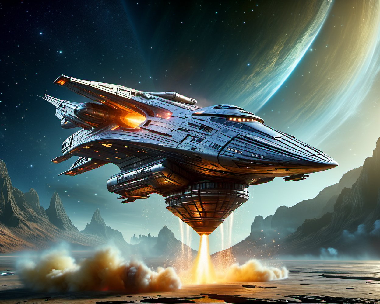 star fighter spaceship with wide wings ftake off from a large ship port structure in the middle of a platform rockets shoo...