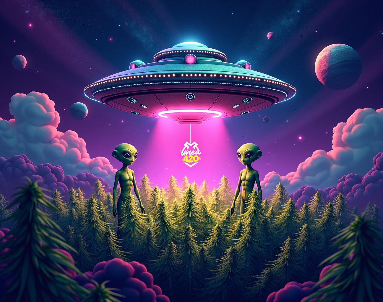 Create a vibrant,  eye-catching image for the cannabis company "Area 420" with a distinct space and alien theme. The desig...