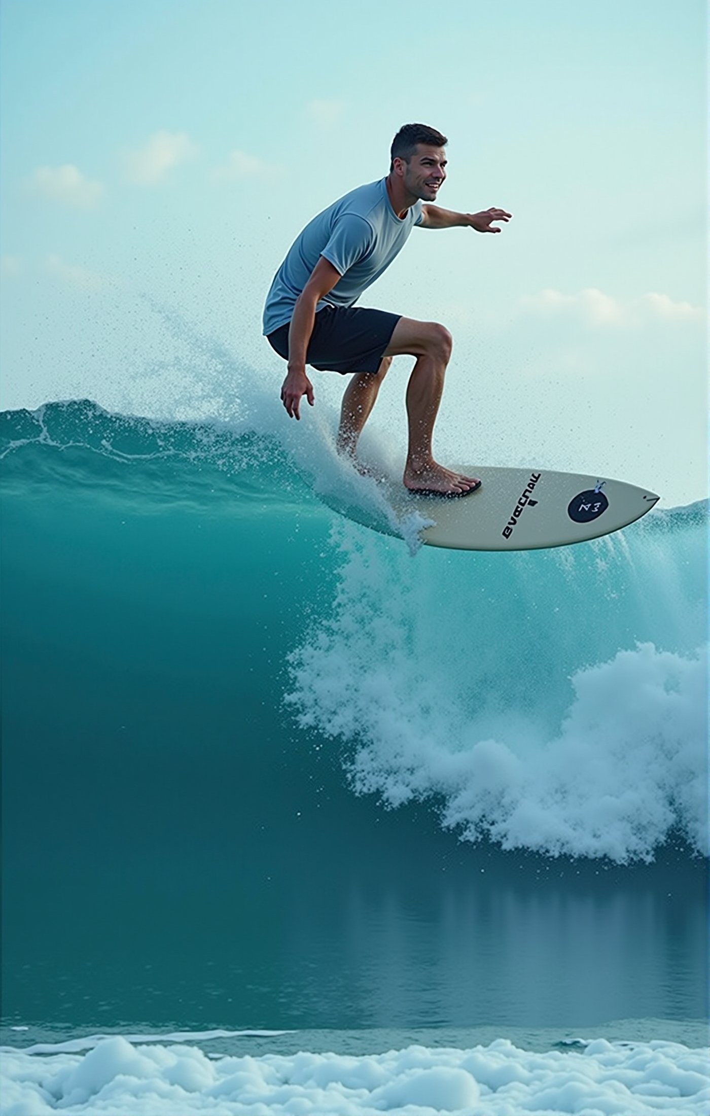  (((ultra photo REALISTIC))), sharp focus, extreme detail description, professional, vivid colors, bold color palette, photorealism, a man is surfing on a white surfboard with a black emblem on the front. He is wearing a short-sleeved shirt and black shorts. His hair is short and dark. His arms are spread out to his sides, and his legs are bent at the knees. The surfboard is positioned in front of a large wave, which is cresting the right side of the image. The wave is a deep blue, with a white foam at the top of the wave. The sky is a light blue, dotted with white clouds. In stunning 16K UHD resolution, this masterpiece showcases unparalleled quality, accuracy, and attention to detail, extremely high quality RAW photograph, detailed background, intricate, Exquisite details and textures, highly detailed, ultra detailed photograph, warm lighting, sharp focus, high resolution, Hyperrealism, masterpiece, accurate, super detail, best quality, award winning, highres, 16k 8k uhd, dslr, high quality,