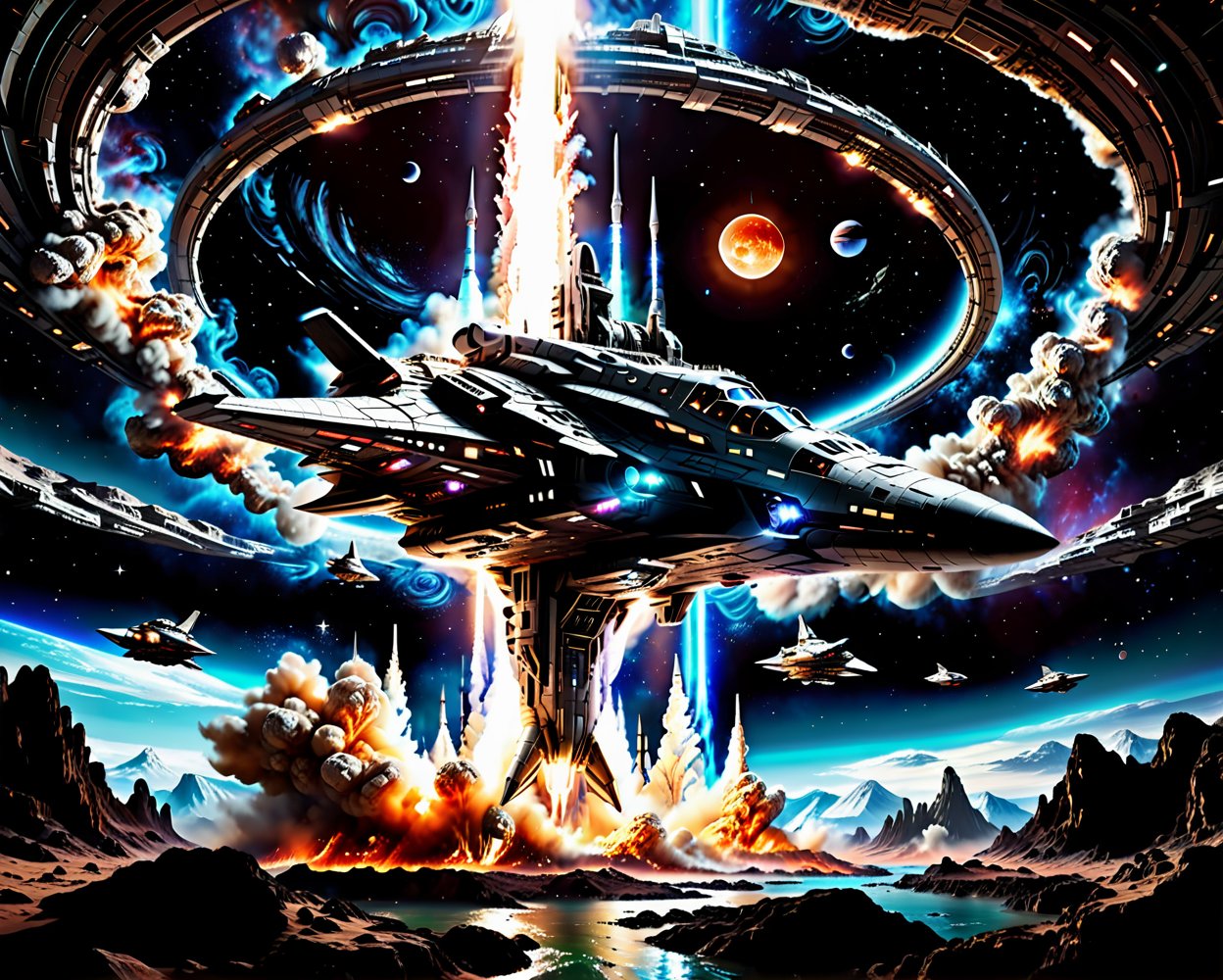 futuristic spaceship,  smooth lines aerodynamic,  flying in space spaceship taking off rocket fire from the bottom of the...