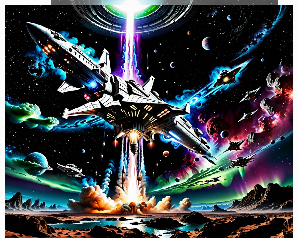 futuristic spaceship,  smooth lines aerodynamic,  flying in space spaceship taking off rocket fire from the bottom of the...