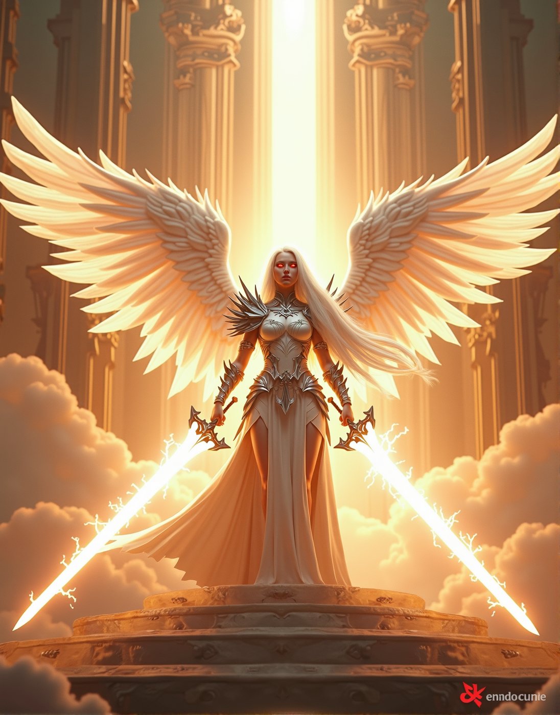 A powerful, awe-inspiring female warrior with long, flowing white hair, clad in radiant white spiked armor, stands with a menacing aura. Her ethereal, glowing white wings stretch out majestically behind her, shimmering with divine light. She holds a massive, radiant sword that emits an intense white light, crackling with electric energy swirling around her like a celestial storm. Her piercing red eyes glow through the mist, adding to her fierce, commanding presence. In the background, a grand temple rises from the clouds, its towering pillars and intricate carvings radiating with divine energy. The heavenly temple, bathed in golden light, creates a majestic backdrop, emphasizing the warrior's divine connection. Soft golden clouds float around, with beams of divine light breaking through, creating a serene yet powerful atmosphere. Gentle orange glowing dust drifts through the air, adding a magical touch to the ethereal landscape. Ultra-realistic, hyper-detailed, with cinematic lighting and perfect composition, the image captures the contrast between the angelic and the fierce, framed by the high-contrast interplay of light, shadow, and the divine architecture., ultra quality, best quality, masterpiece, retina, accurate, masterpiece, super detail, high details, best quality, award winning, highres, HD, 4K, 8k, 16k,