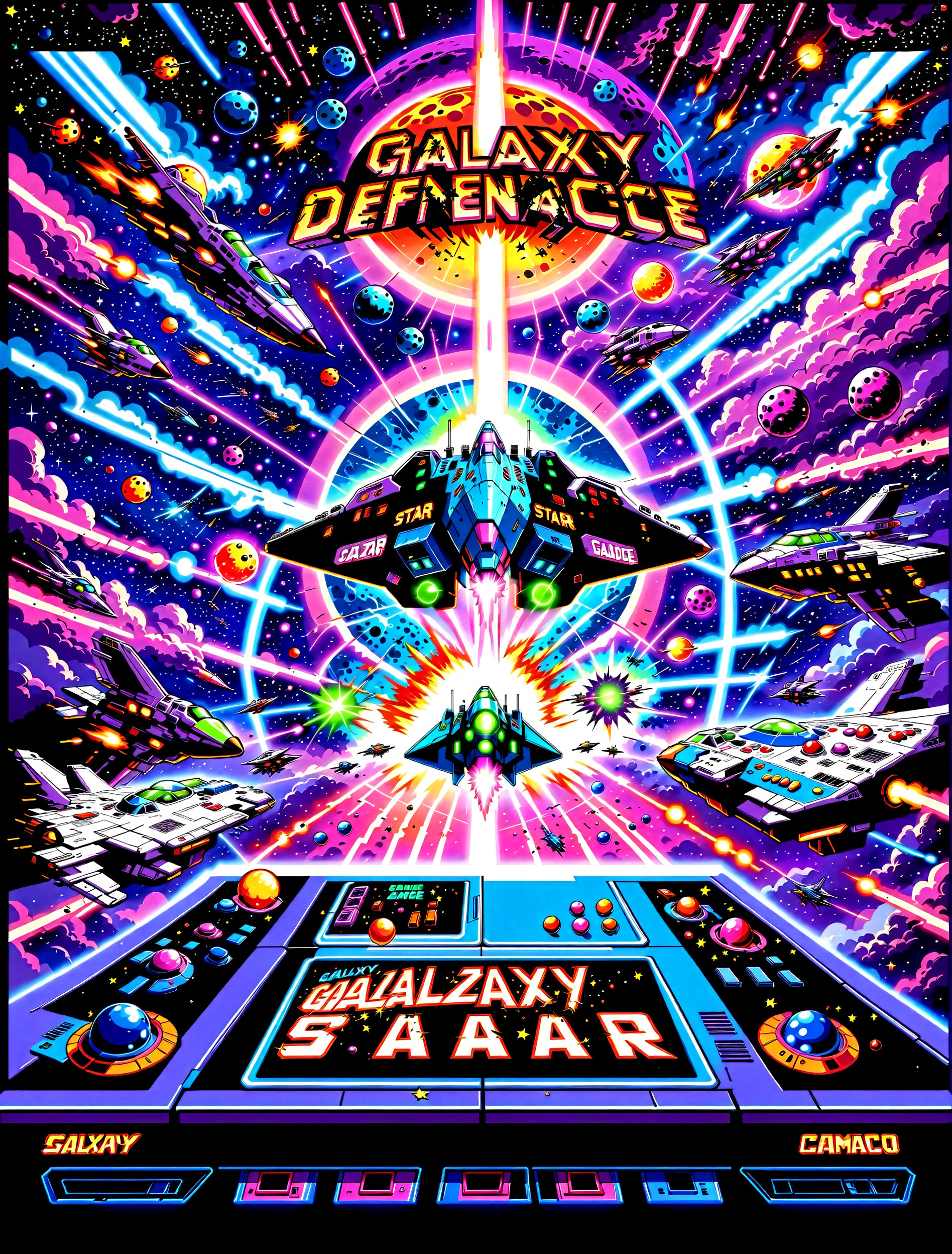 Here's a prompt for creating an epic retro-style video game cover art:

A vintage arcade machine, its neon-lit buttons glowing like stars, dominates the foreground. Space ships in various states of destruction - some exploding into fiery balls, others crippled with damage - whizz past, leaving trails of laser fire across the star-studded, planet-filled background. The title 'Galaxy Defence' bursts forth in bold, retro-style font, while neon-green and blue hues infuse the artwork with a sense of high-energy excitement. Retro wave-inspired, this masterpiece of retrowave art screams 80s nostalgia for classic space ship fighter games.,spcrft