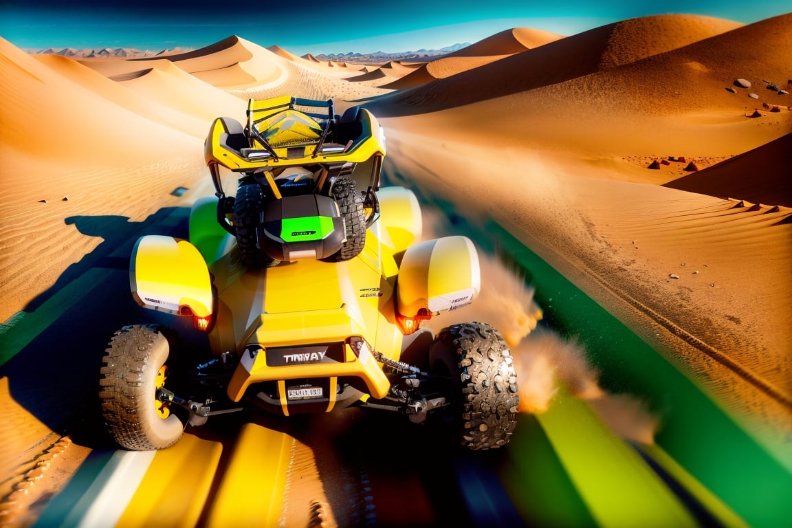 a close up of a person driving a black utv in the desert, buggy, dune, mixed art, tesla dune buggy, photos, sand, dynamic angled shot, high speed action, off - road, intense look, video, vehicle, dynamic action shot, off-roading, versatile, action shot, top down angle,