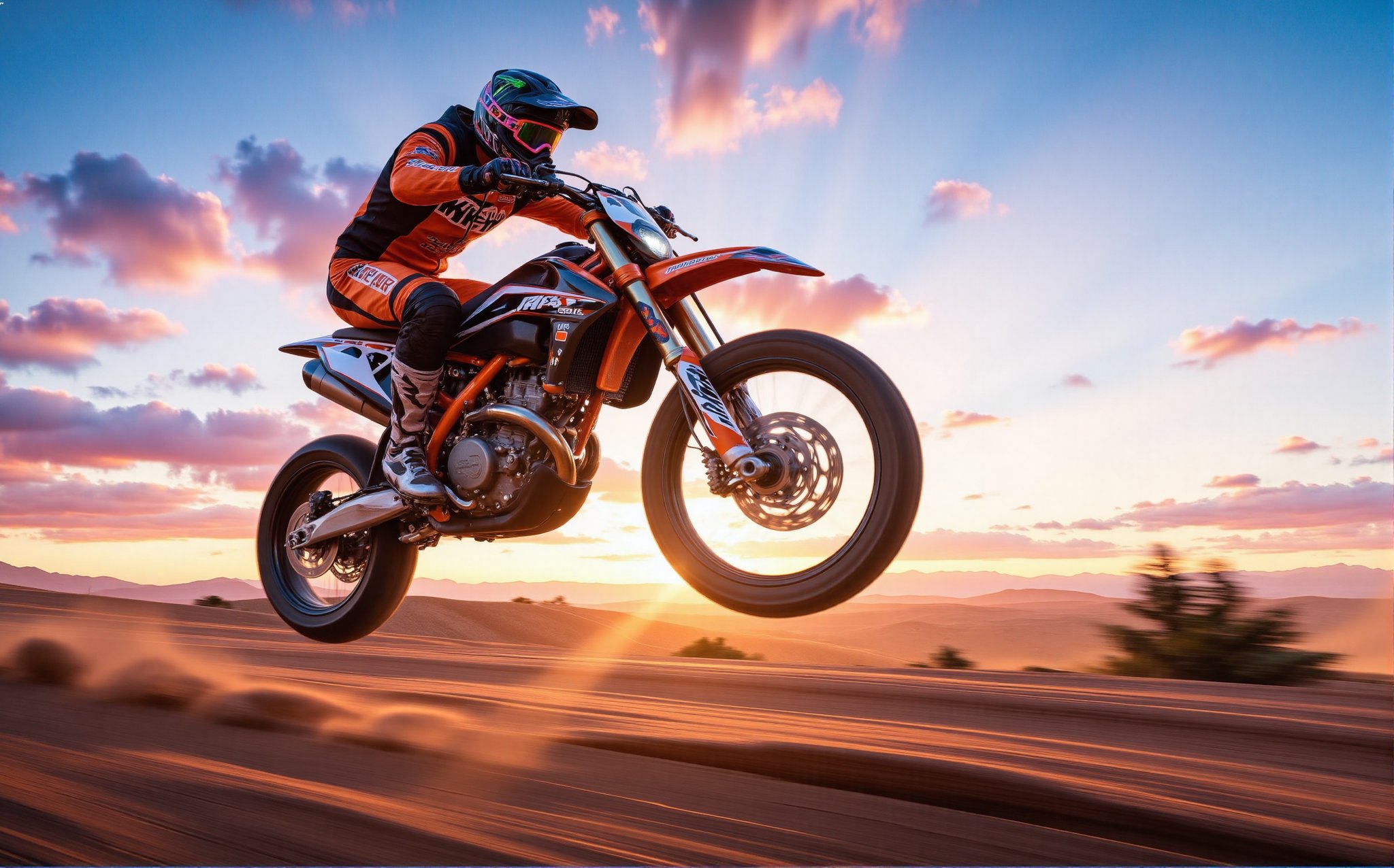 The image is a digital illustration or artwork that captures a moment of action and adventure. It features a KTM 1000cc RC8 rider mid-jump, emphasizing the sport's dynamic High Octain render, The rider's attire and the bike are detailed, suggesting a focus on realism in this stylized representation. The background landscape adds to the sense of motion and environment, likely chosen to enhance the dramatic effect of the scene. The colors are vibrant, with a bright color palette that could imply a setting sun or a stylized evening sky. Overall, the image seems to convey a sense of thrill and freedom associated with Street racing and jumping, retina, accurate, masterpiece, super detail, high details, best quality, award winning, highres, HD, 4K, 8k, 16k, retina, accurate, masterpiece, anatomically correct, textured skin, super detail, high quality, award winning, highres, 8k, 16k,High Speed,High dynamic range style,deep focus style