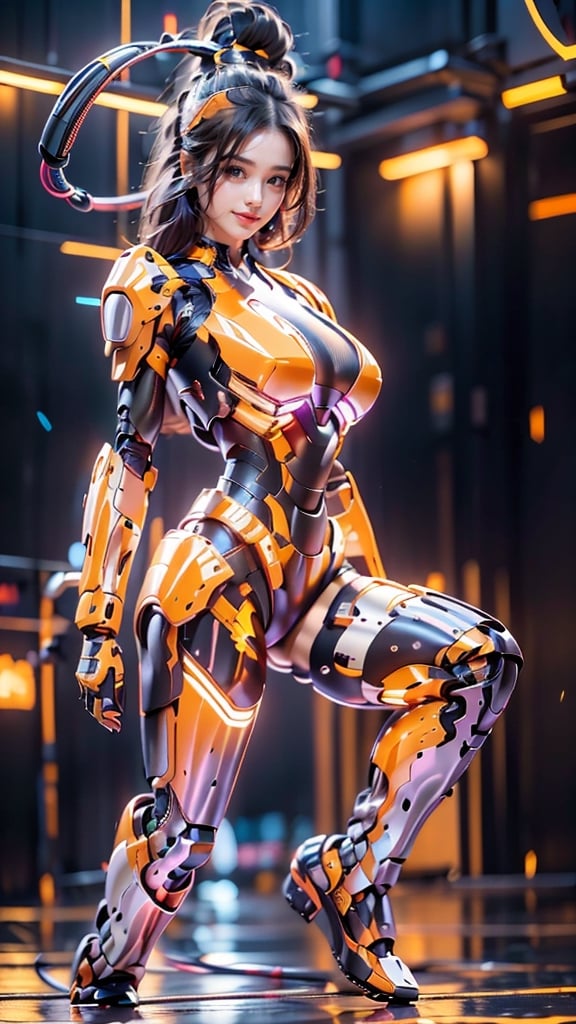 1girl, beautiful face, pale skin, black_hair, medium hair, smiling face, holding a plug with cable, robotic body, full body, sitting, wires, robotic legs, robotics arms, robotic body, robotic hands, futiristic, robotic, mechanical, armored, standing, expressionless face, damaged robotic body, black_robotic_body, alone, (plug and wires), straight leg, busty breast, mecha, bodycon,Mecha,huowu