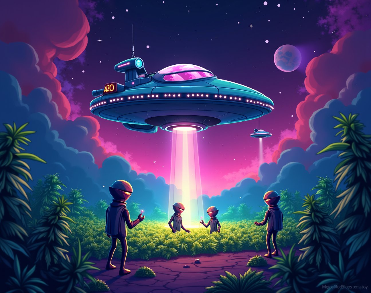Create a vibrant,  eye-catching image for the cannabis company "Area 420" with a distinct space and alien theme. The desig...
