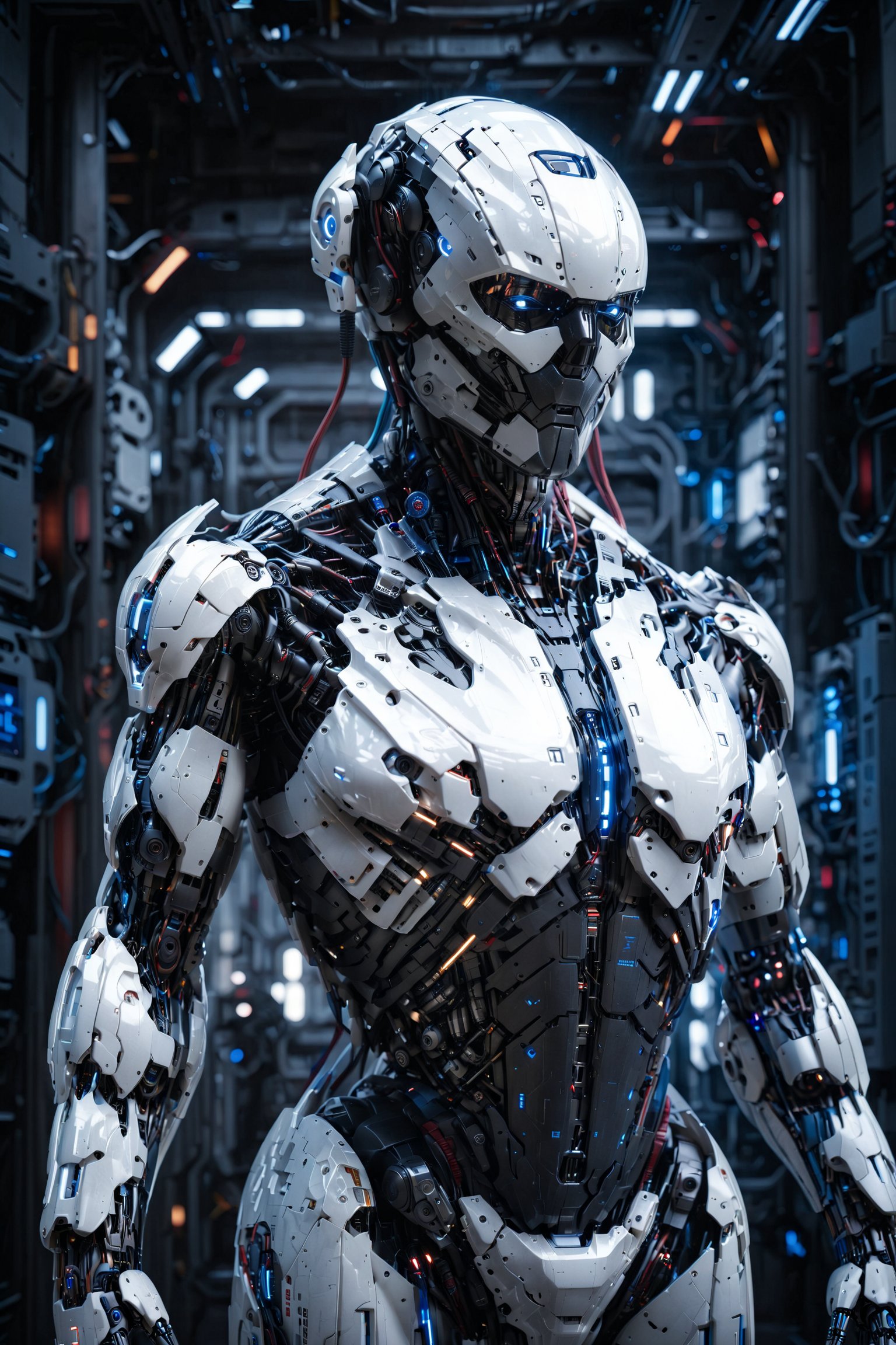 Image features a detailed illustration of a futuristic, humanoid robot with a sleek, aerodynamic design. The robot is primarily white with blue and red accents, and it has a robust, armored appearance. The main figure is shown in a standing position, with large, articulated limbs and a helmet-like head. The robot's design includes various mechanical details such as joints, panels, and vents. fullbody shot, soft textures, imaginative artwork, vibrant background, bokeh, three dimensional effect, 3d render, octane render, mix of bold dark lines and loose lines, Isometric, awesome full color, ultra detailed face, Candid photographs, {{rule of third}}, cinematic, light film, hyper detailed, hyper realistic, masterpiece, atmospheric, high resolution, 8k, HDR, 500px, long exposure:2.

