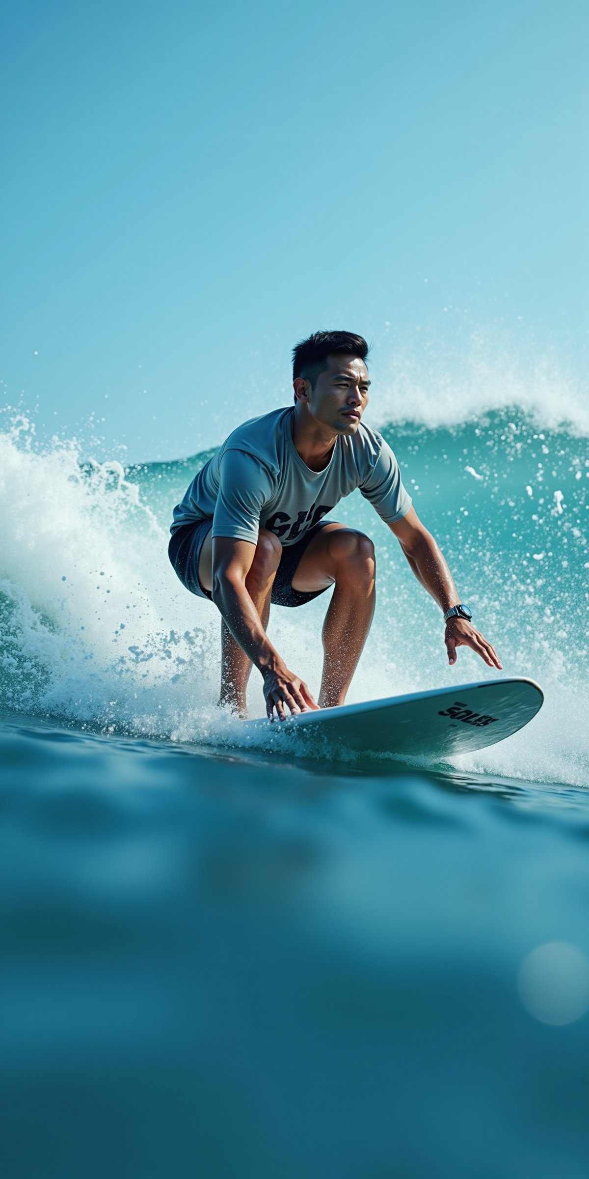  (((ultra photo REALISTIC))), sharp focus, extreme detail description, professional, vivid colors, bold color palette, photorealism, a man is surfing on a white surfboard with a black emblem on the front. He is wearing a short-sleeved shirt and black shorts. His hair is short and dark. His arms are spread out to his sides, and his legs are bent at the knees. The surfboard is positioned in front of a large wave, which is cresting the right side of the image. The wave is a deep blue, with a white foam at the top of the wave. The sky is a light blue, dotted with white clouds. In stunning 16K UHD resolution, this masterpiece showcases unparalleled quality, accuracy, and attention to detail, extremely high quality RAW photograph, detailed background, intricate, Exquisite details and textures, highly detailed, ultra detailed photograph, warm lighting, sharp focus, high resolution, Hyperrealism, masterpiece, accurate, super detail, best quality, award winning, highres, 16k 8k uhd, dslr, high quality,