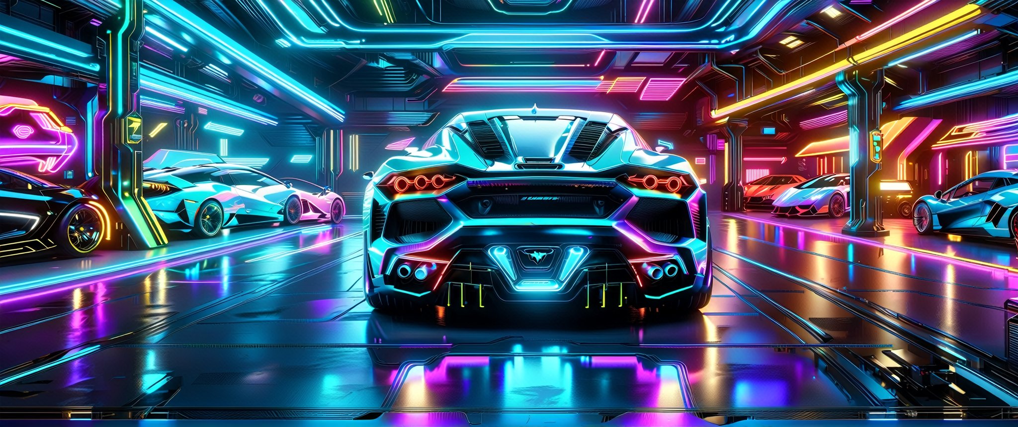 A holographic display of a side view of  a brightly lit sports car in a neon garage with neon signs, neon digital art, neon lit, neon art style, stylized neon, colorized neon lights, bold lamborghini style, glowing neon, neon lightning, futuristic neon, wallpaper 4k, wallpaper 4 k, glow of neon lights, neon volumetric lights, neon art, neon glowing, hyper colorful, neon outline