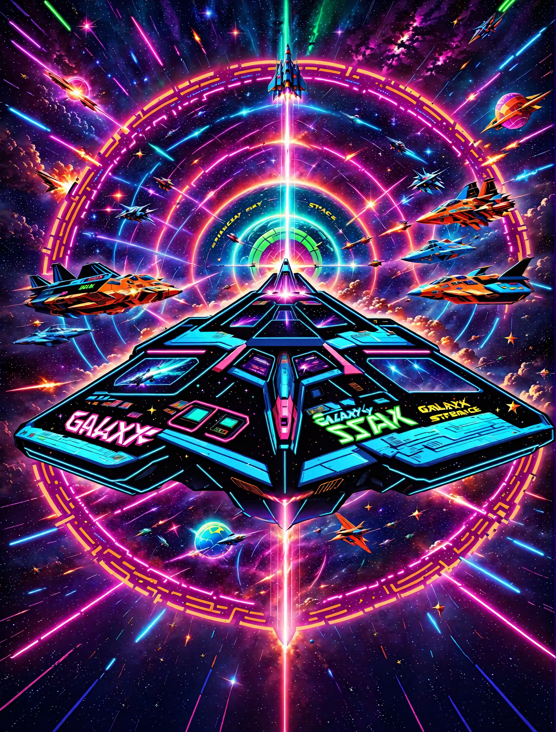 Here's a prompt for creating an epic retro-style video game cover art:

A vintage arcade machine, its neon-lit buttons glowing like stars, dominates the foreground. Space ships in various states of destruction - some exploding into fiery balls, others crippled with damage - whizz past, leaving trails of laser fire across the star-studded, planet-filled background. The title 'Galaxy Defence' bursts forth in bold, retro-style font, while neon-green and blue hues infuse the artwork with a sense of high-energy excitement. Retro wave-inspired, this masterpiece of retrowave art screams 80s nostalgia for classic space ship fighter games.,spcrft