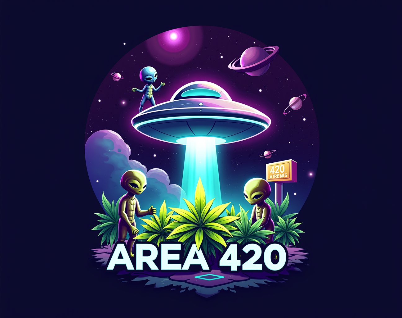 Create a vibrant,  eye-catching image for the cannabis company "Area 420" with a distinct space and alien theme. The desig...