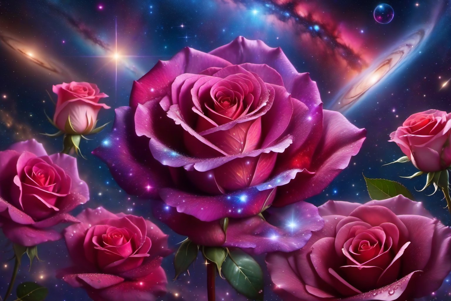  a galaxy rose with a galaxy on each rose petal, shining starlight, spacey nebula  background, Dark background,Extreme Detail,UHD,8K,water droplets on rose petal,