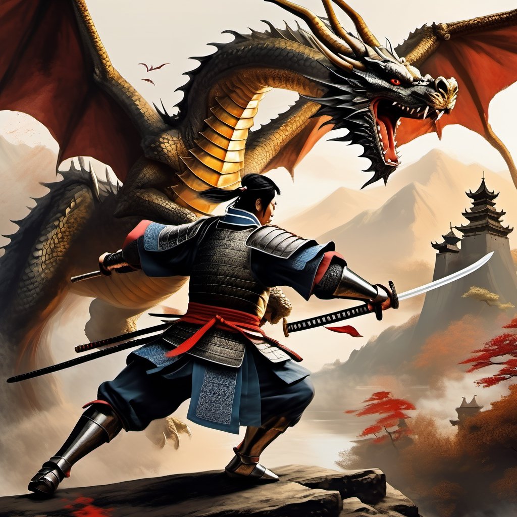 A samurai fighting a big dragon have pair of wings in a medieval painting style.,action_pose, knight&dragon