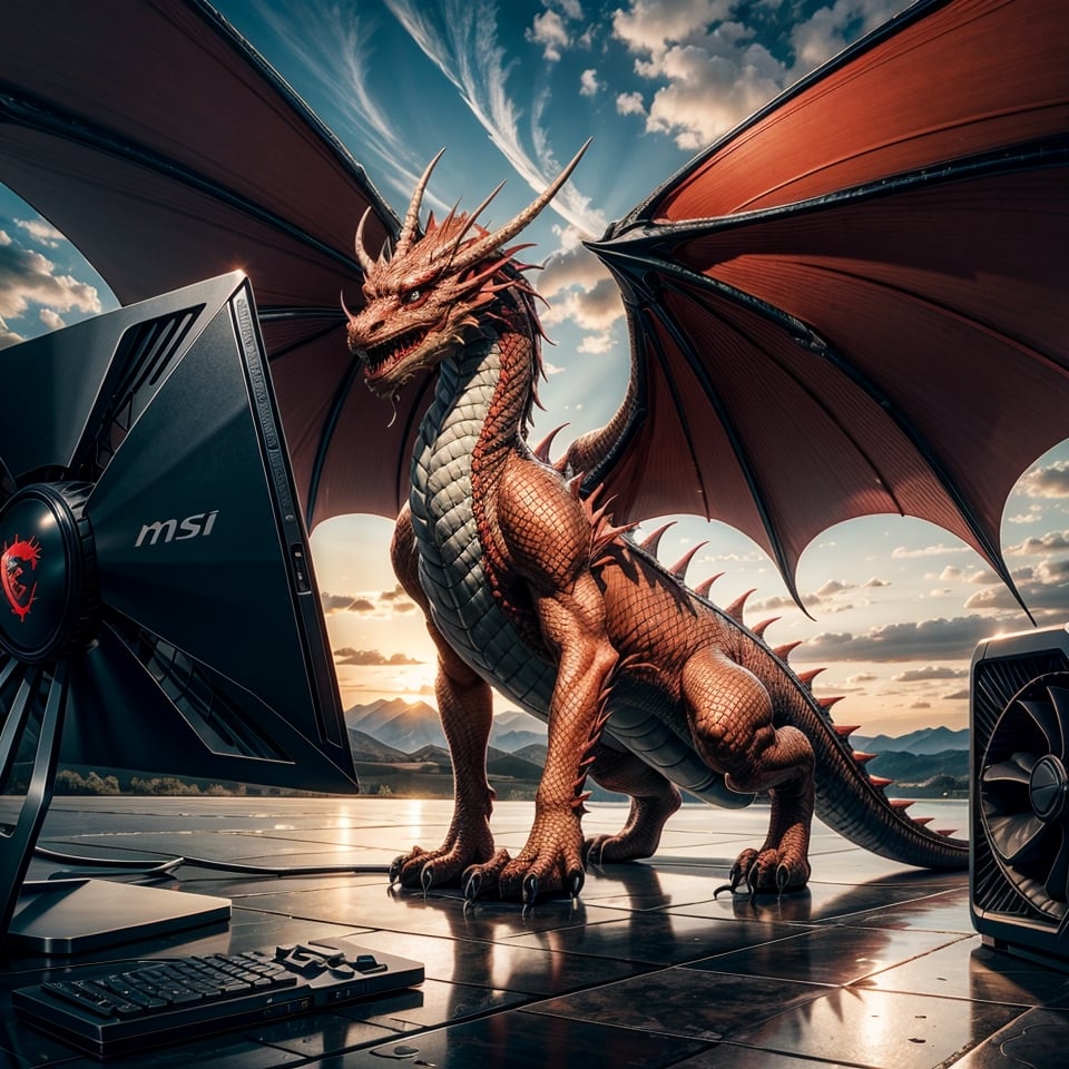 Please generate an image where a majestic red dragon is positioned behind an Nvidia RTX 3080 graphics card, which should be in the foreground, prominently displayed. In the background, there should be towering volcanic mountains, creating a dramatic setting. The lighting should be warm and soft, with golden tones mixed with red, evoking a sense of protection and fury. Ensure that the image conveys both the power of the dragon and the technological prowess of the graphics card.
1 MSI Graphic Card, internal graphic card, (MSI), (GeForce RTX 3080), ((rectangular graphic card, (three fans))), Red Dragon from MSI, MSI Graphic Card details, 1 Red dragon holds the video card, ((Dragon fury backgrond, desktop computer background)),
(graphic car focus, full graphics card, realistic lighting), ray tracing, Super realistic photographic cinematic image 8K ULTRA HD HDR, magical photography, super detailed, (ultra detailed), (best quality, super high quality image, masterpiece), dramatic lighting, 8k, UHD, intricate detail, (gradients), comprehensive cinematic, colorful, visual key, highly detailed, hyper-realistic, style,echmrdrgn,Dragon,Add more detail,1 girl,dragon, ,gameroomconcept