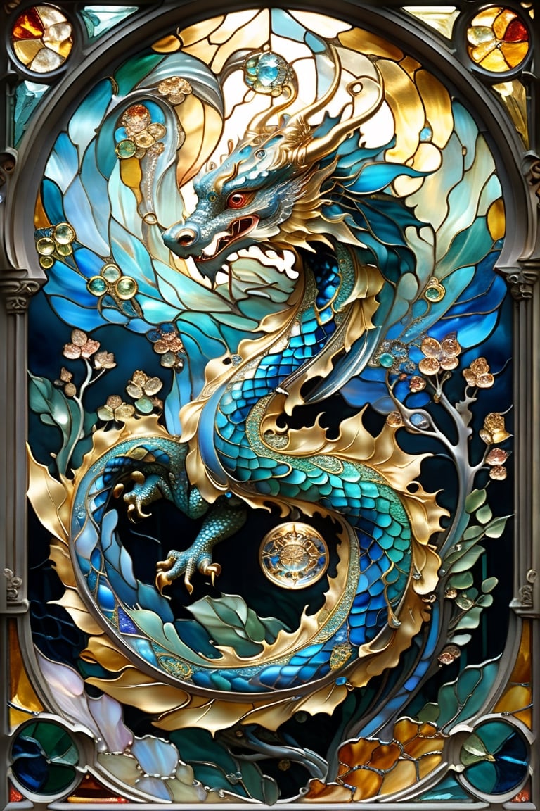 Blue and gold chinese Lung dragon, magical fantasy art is done in oil paint and liquid chrome, liquid rainbow, best quality,  fairytale, patchwork, (stained glass:1.2), storybook detailed illustration, cinematic, ultra highly detailed, tiny details, beautiful details, mystical, luminism, vibrant colors, complex background, resolution hyperdetailed intricate liminal eerie precisionism, intricate background, (dark luminescent:1.2) art by Alphonse Mucha, Kinuko Y Craft, Alan Lee, crystalz