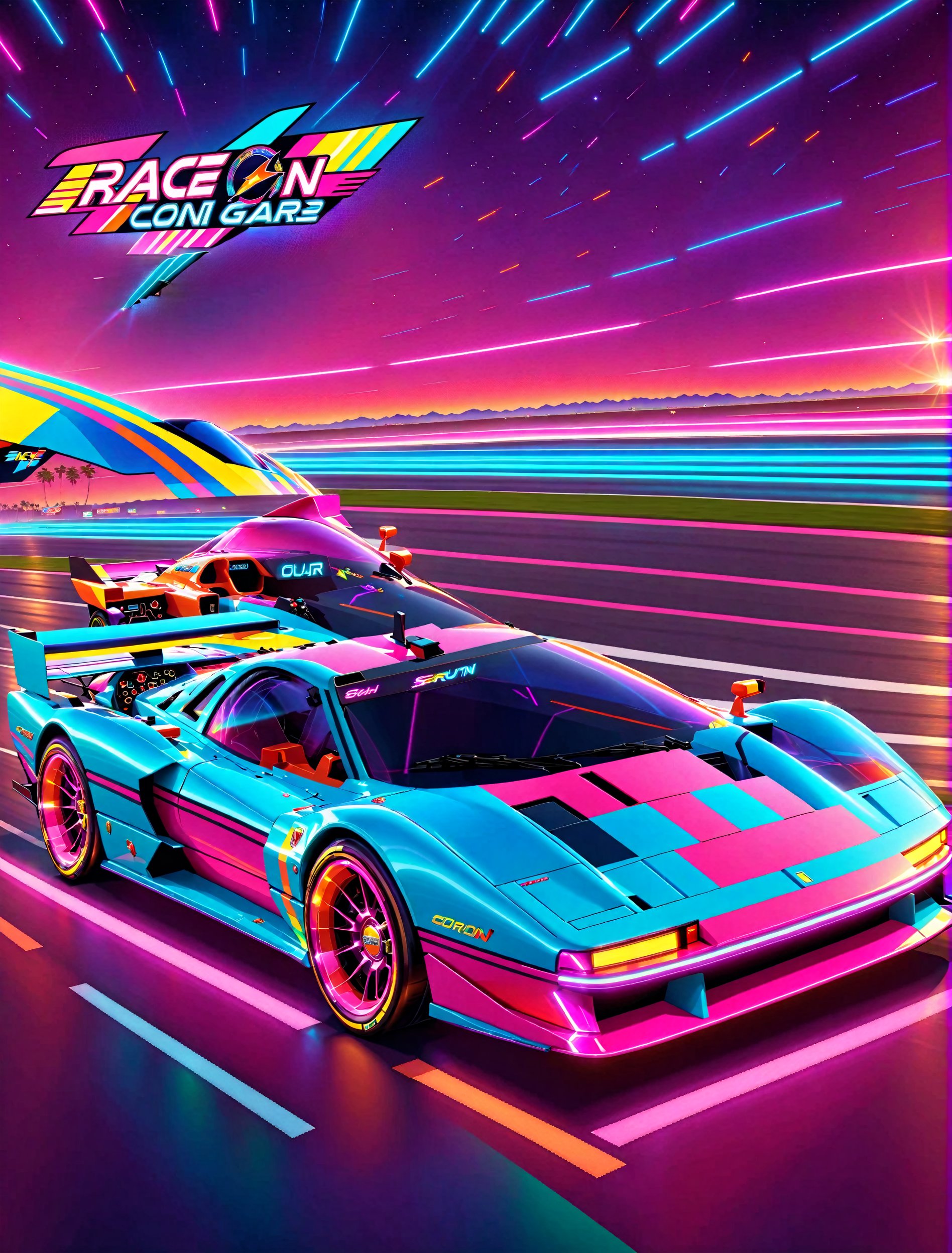 Get Ready to Shift into High Gear! 'Race On' Video Game Cover Art: A Retro Arcade Machine's Masterpiece. A neon-lit,  pixe...