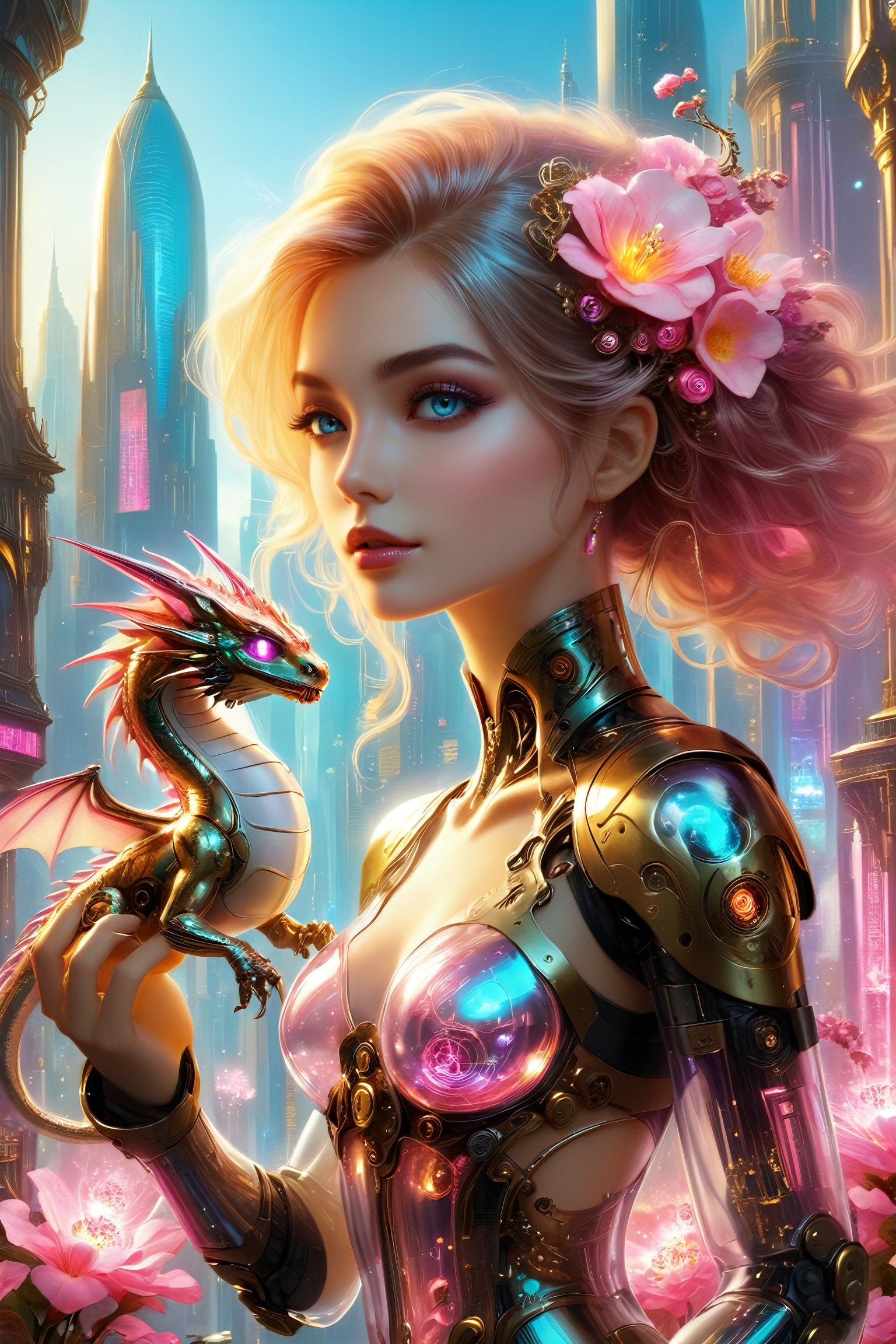 Realism, On top of the world and looking at it, Imagine a dynamic scene with a full body image of a (((beautiful cyborg and her small robot dragon))), translucent glowing glass body with pink flowers and clockwork completely visible through her translucent glass body walking through a futuristic city, fully transparent glass, award winning, concept design, polycarbonate, quantum flowers, visible internals art by lisa frank and karol bak and Kirsty Mitchel, flowy hair, (full body:1.2), fantasy, work of beauty and complexity, the most attractive kind female soul sphere gold and colorful, astonishing, over a futuristic city, cyborg style, glowing translucent glass, amber glow, steampunk style, glass body, translucent seethrough glass like body, absurdres, fluid movement, stylized digital painting inspired by fashion photography, epic dof ,PetDragon2024xl,real_booster,photo_b00ster, cinematic moviemaker style