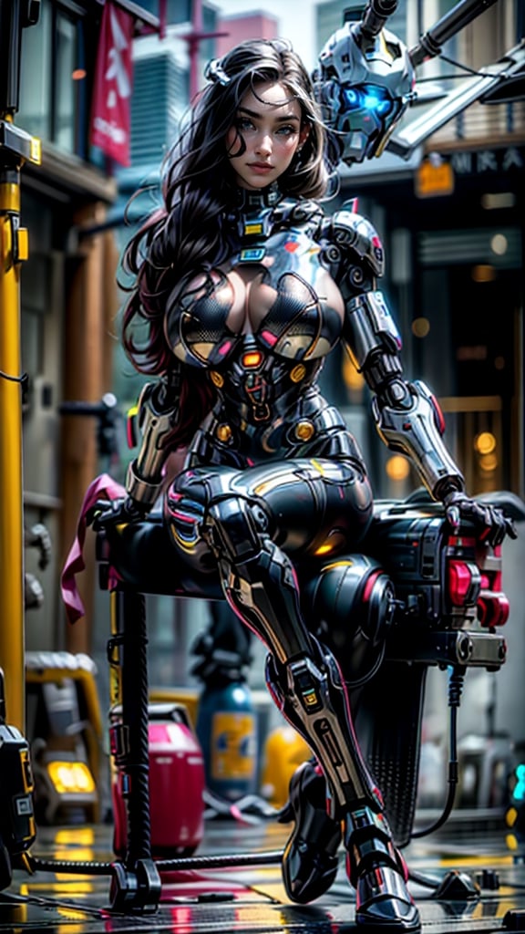 1girl, beautiful face, pale skin, black_hair, medium hair, smiling face, holding a plug with cable, robotic body, full body, sitting, wires, robotic legs, robotics arms, robotic body, robotic hands, futiristic, robotic, mechanical, armored, standing, expressionless face, damaged robotic body, black_robotic_body, alone, (plug and wires), straight leg, busty breast, mecha, bodycon