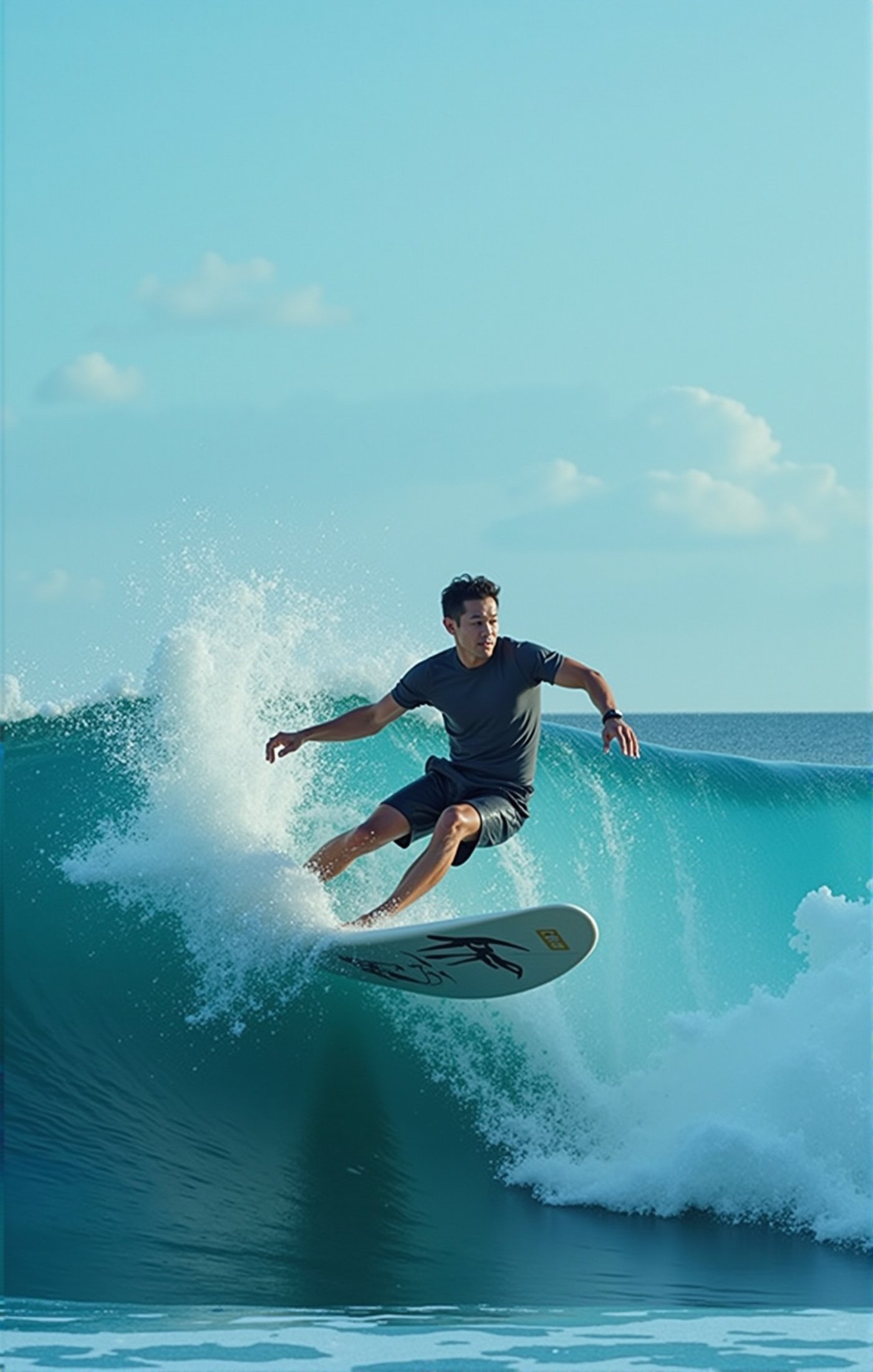  (((ultra photo REALISTIC))), sharp focus, extreme detail description, professional, vivid colors, bold color palette, photorealism, a man is surfing on a white surfboard with a black emblem on the front. He is wearing a short-sleeved shirt and black shorts. His hair is short and dark. His arms are spread out to his sides, and his legs are bent at the knees. The surfboard is positioned in front of a large wave, which is cresting the right side of the image. The wave is a deep blue, with a white foam at the top of the wave. The sky is a light blue, dotted with white clouds. In stunning 16K UHD resolution, this masterpiece showcases unparalleled quality, accuracy, and attention to detail, extremely high quality RAW photograph, detailed background, intricate, Exquisite details and textures, highly detailed, ultra detailed photograph, warm lighting, sharp focus, high resolution, Hyperrealism, masterpiece, accurate, super detail, best quality, award winning, highres, 16k 8k uhd, dslr, high quality,