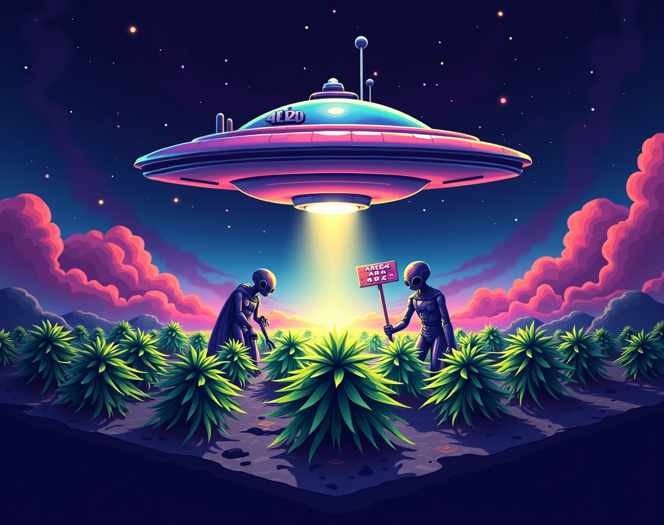 Create a vibrant,  eye-catching image for the cannabis company "Area 420" with a distinct space and alien theme. The desig...
