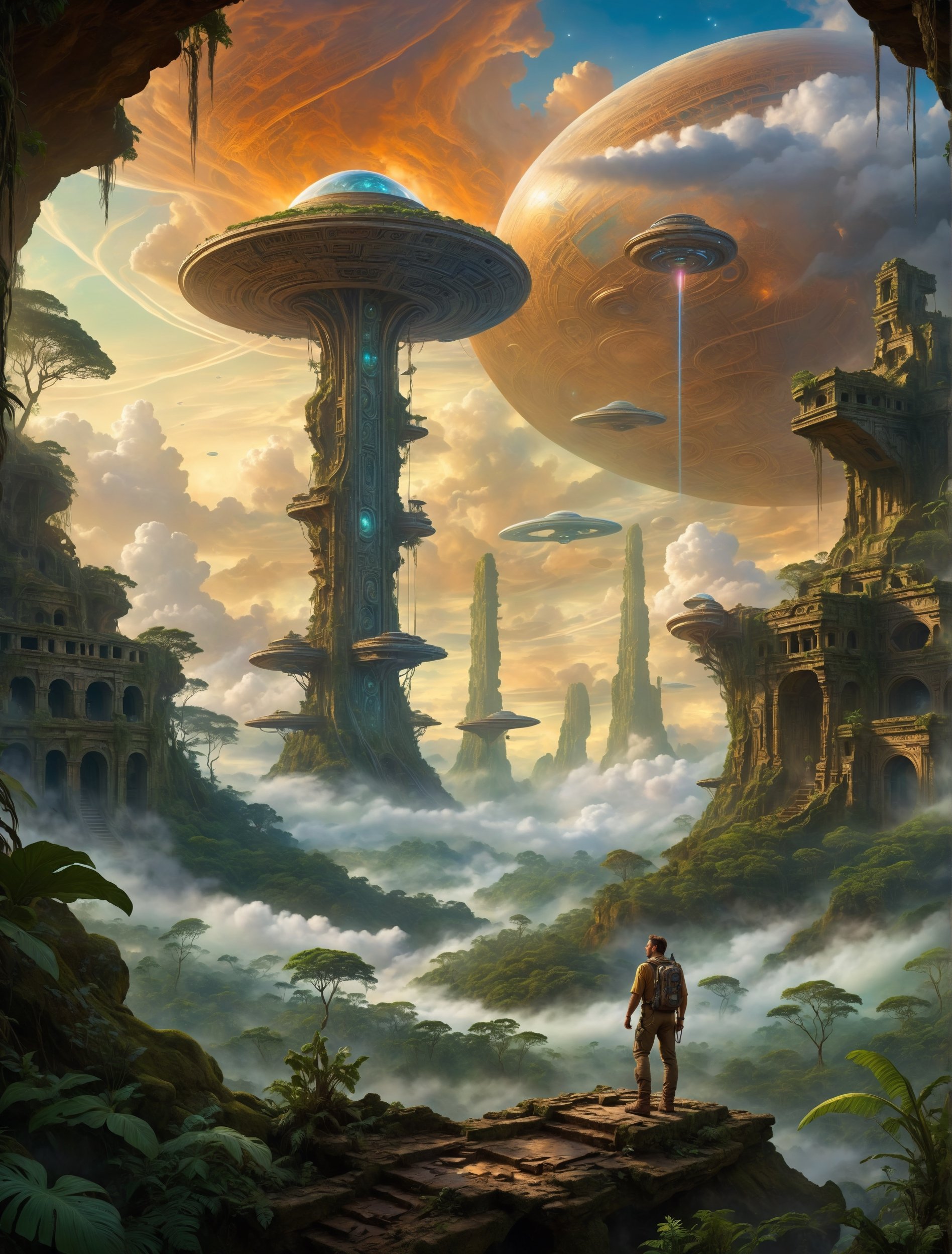 masterpiece, highly detailed, In the heart of the jungle amidst the remnants of a bygone era, the explorer stands amidst the Alien Ruins, he expression a blend of wonder and determination as he contemplates the intersection of Science Fiction and reality, the swirling clouds overhead a symbol of the turbulent journey that lies ahead, Intense contrasts, surreal