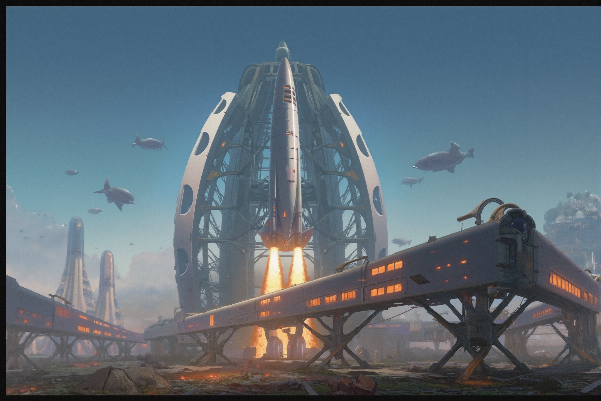 meticulously illustrated in 3D style, A detailed spaceship take off from a large spaceport structure in the middle of a platform rockets shoot 2 cones of fire from rockets at the bottom of the spaceship,looks like a nasa space shuttle launch, star citizen halo, aurora spaceship environment, futuristic spaceship, star citizen digital art, spaceship flies, futuristic starship, scifi spaceship, an epic space ship scene  this epic art masterpiece. In stunning 16K UHD resolution, every detail shines, from the intricate textures to the super-sharp focus, making this artwork a true work of art,CGI 3D HD Animation,futureurbanday,Mecha,FuturEvoLabScene,drkfnts style,aidmafluxpro1.1,RetroSci style