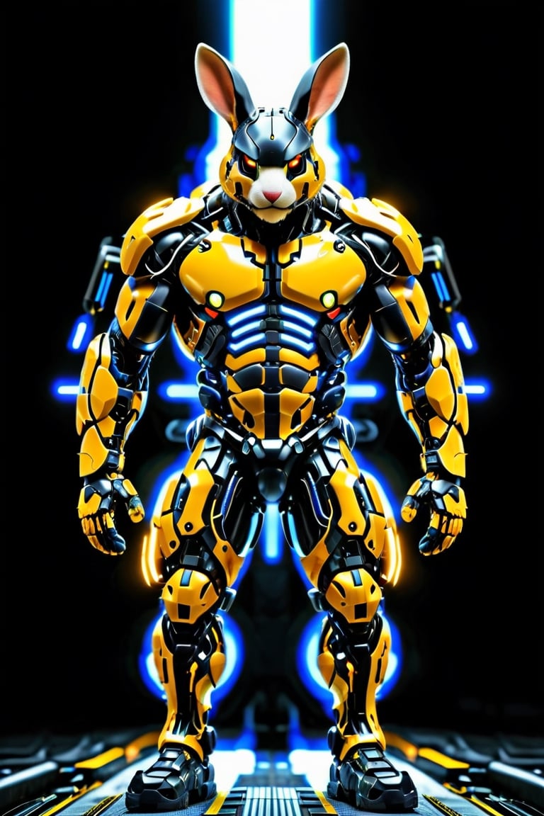 "Imagine a rabbit clad in a formidable combat exoskeleton suit colors Black and yellow, exuding an aura of strength and power. Despite its fluffy exterior, the suit adds a sense of bulk and weight to its form, emphasizing its formidable presence. With glowing visors and reinforced armor plating, the rabbit exudes an air of readiness for battle, ready to face any challenge with determination and resolve.",Animal Verse Ultrarealistic ,circuitboard