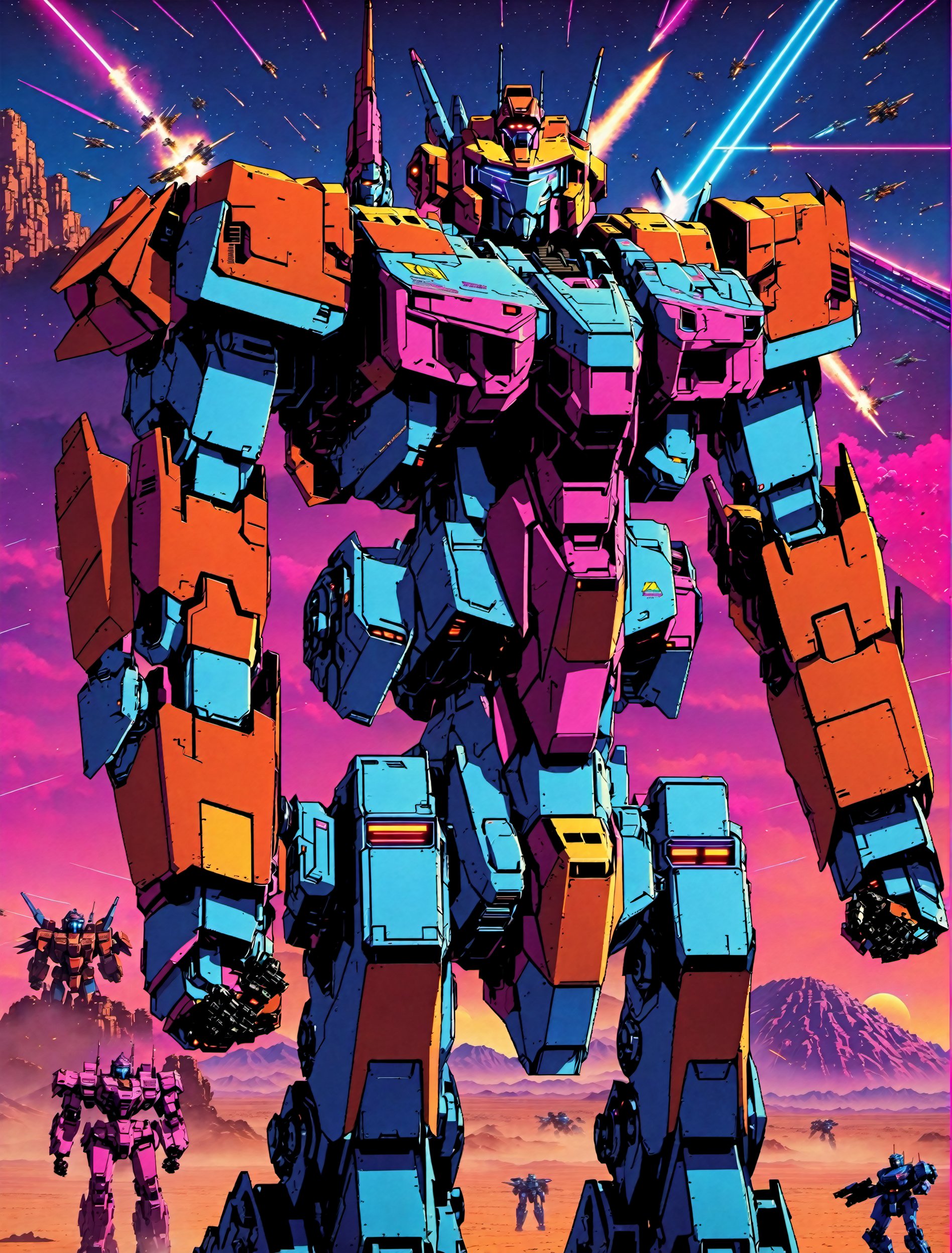 Text "Battle Mechs world wars" ,a full body wide angel view, a Battle Mech attacking a group of people in a desert, war mechs fighting, battletech style, battlemech, mechwarrior, battletech, war robot, mech machines firing bullets, soldiers and mech fight, mad max battlemech, mech warrior, robot overlords, robot overlord in the year 3499, battle mech, mecha, mecha anime, battlemech, tremendous mecha robot, mecha warrior, # mecha, mecha inspired, big mecha, alexandre ferra mecha, mech warrior, 80s  retro arcade, retro wave, masterpiece epic retrowave art, retrowave art, 80s poster, 1980s arcade, outrun, computer game art, epic retrowave art,chrometech,surface imperfections,PD-802X4, robot, no human