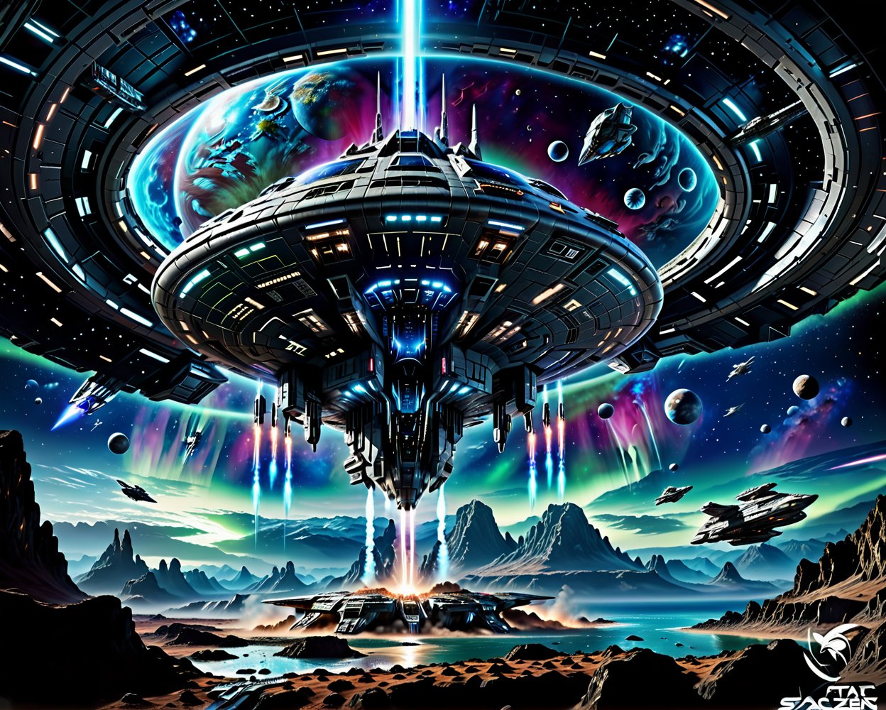 futuristic spaceship,  smooth lines aerodynamic,  flying in space spaceship taking off from a planet with a mountain in th...