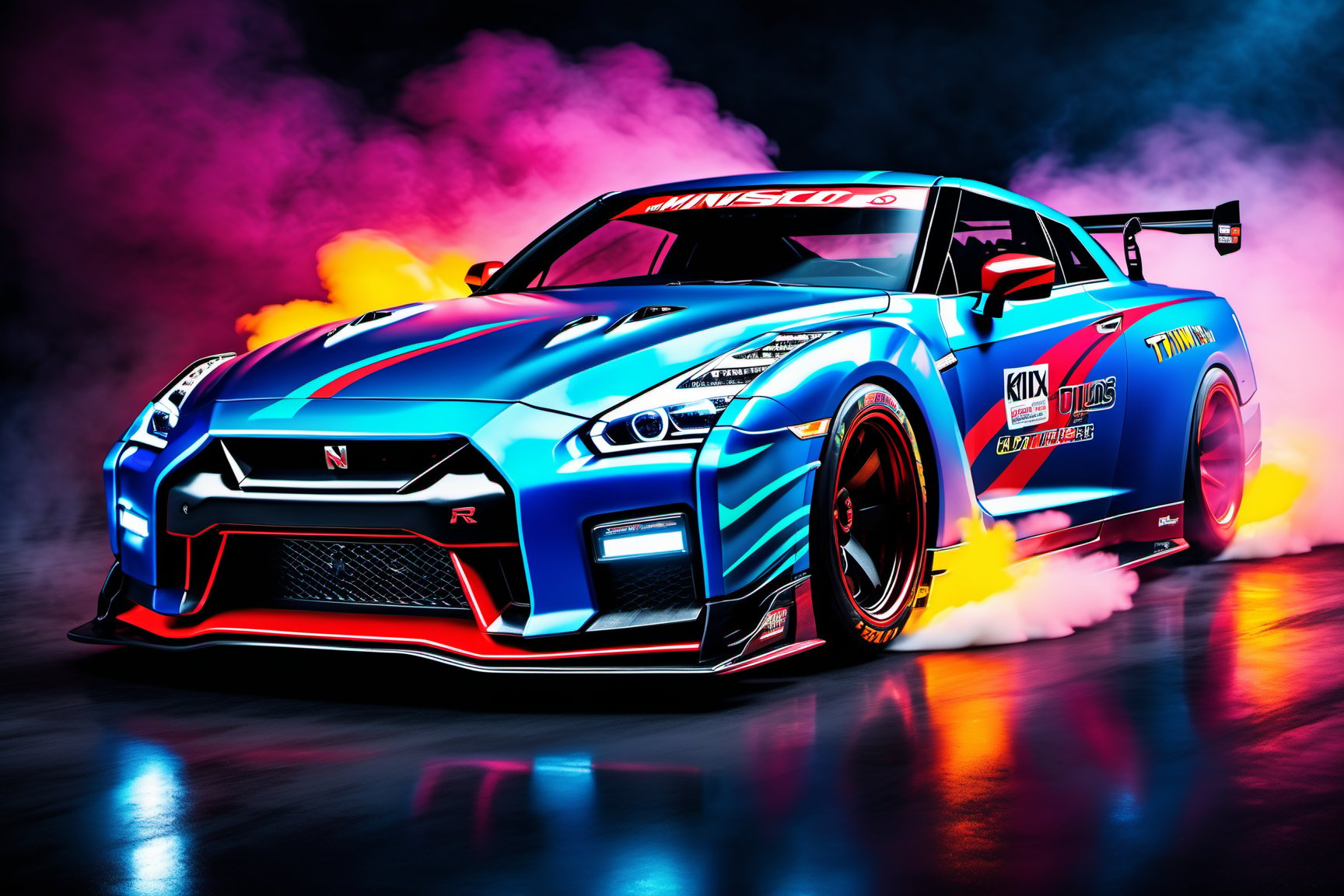 A photo realistic image of a Nissan GT-R Nismo 2023 
, sharp, detailed car body ,ethereal art, detailed tires, fire scene, (masterpiece, best quality, ultra-detailed, 8K), race car, street racing-inspired, Drifting inspired, LED, ((Twin headlights)), (((Bright neon color racing stripes))), (Black racing wheels), Wheel spin showing motion, Show car in motion, Burnout,  wide body kit, modified car,  racing livery, masterpiece, best quality, realistic, ultra high res, (((depth of field))), (full dual color neon lights:1.2), (hard dual color lighting:1.4), (detailed background), (masterpiece:1.2), (ultra detailed), (best quality), intricate, comprehensive cinematic, magical photography, (gradients), glossy, Fast action style, fire out of tail pipes, Sideways drifting in to a turns, Neon galaxy metalic paint with race stripes,