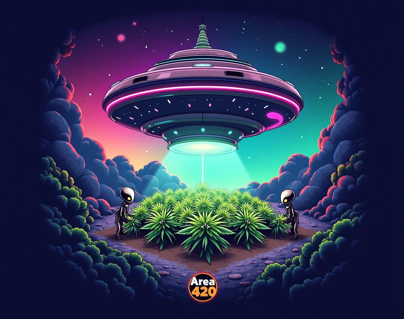 Create a vibrant,  eye-catching image for the cannabis company "Area 420" with a distinct space and alien theme. The desig...