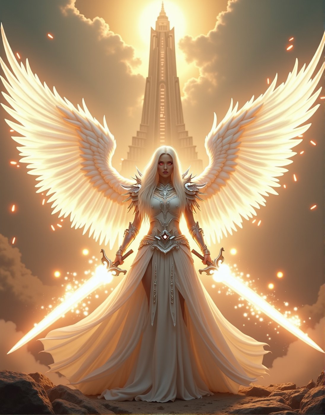 A powerful, awe-inspiring female warrior with long, flowing white hair, clad in radiant white spiked armor, stands with a menacing aura. Her ethereal, glowing white wings stretch out majestically behind her, shimmering with divine light. She holds a massive, radiant sword that emits an intense white light, crackling with electric energy swirling around her like a celestial storm. Her piercing red eyes glow through the mist, adding to her fierce, commanding presence. In the background, a grand temple rises from the clouds, its towering pillars and intricate carvings radiating with divine energy. The heavenly temple, bathed in golden light, creates a majestic backdrop, emphasizing the warrior's divine connection. Soft golden clouds float around, with beams of divine light breaking through, creating a serene yet powerful atmosphere. Gentle orange glowing dust drifts through the air, adding a magical touch to the ethereal landscape. Ultra-realistic, hyper-detailed, with cinematic lighting and perfect composition, the image captures the contrast between the angelic and the fierce, framed by the high-contrast interplay of light, shadow, and the divine architecture., ultra quality, best quality, masterpiece, retina, accurate, masterpiece, super detail, high details, best quality, award winning, highres, HD, 4K, 8k, 16k,