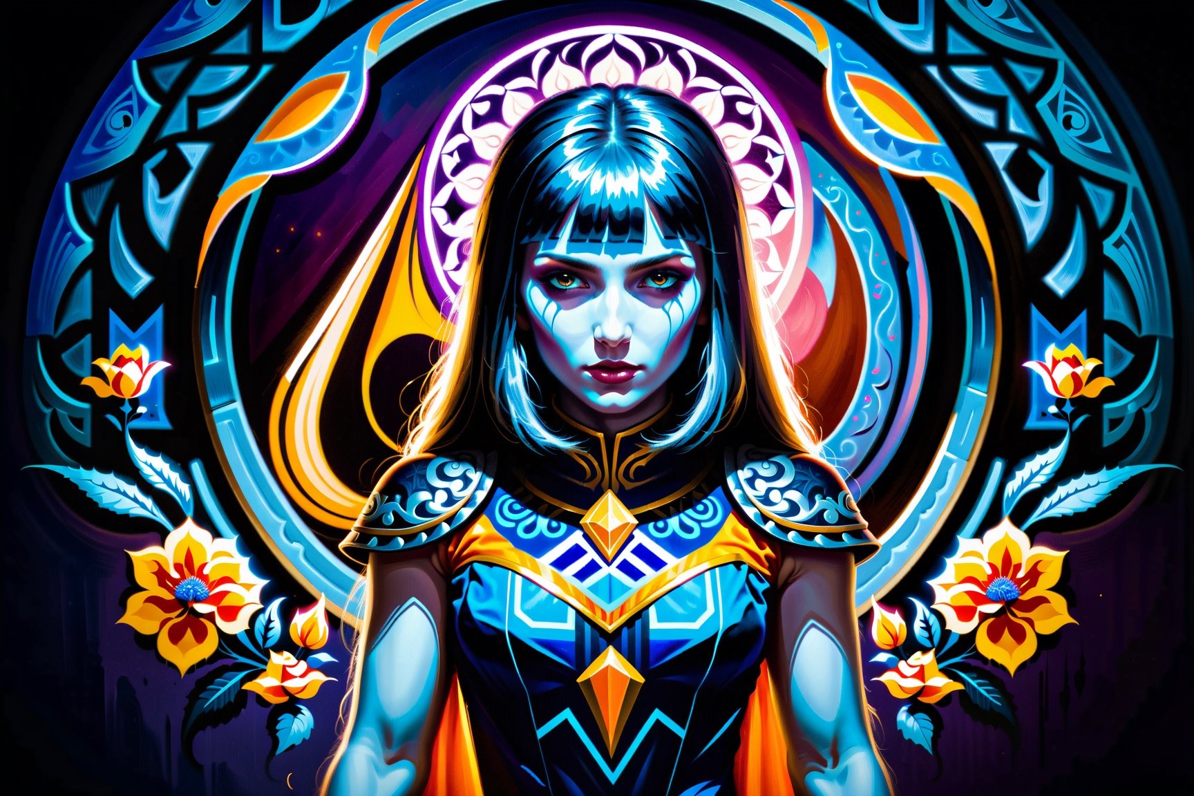 The Morlocks, volumetric lighting, Best quality breathtaking, background, geometric patterns, vibrant colors, intricate details, painting, pavel, sokov, style, masterpiece, best quality, 1girl, flowers, flat color, lineart, abstract, ornate, blue theme