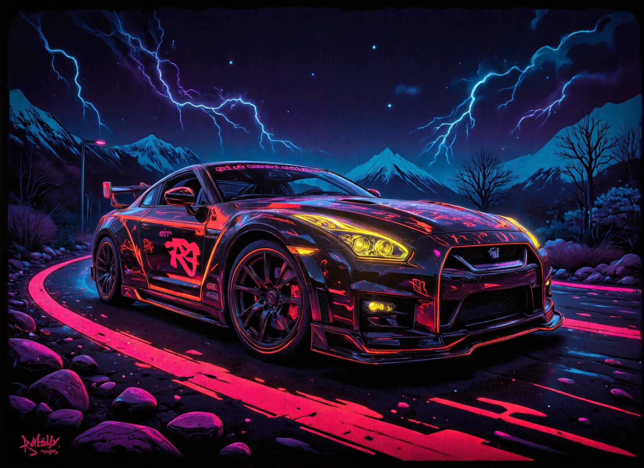 (((Drift car))),(masterpiece), best quality, ultra-detailed, 8K), 2024 GTR Nismo, street racing-inspired, Drifting inspired, LED, ((Twin headlights)), (((Bright neon color racing stripes))), (Black racing wheels), (best quality,4k,8k,highres,masterpiece:1.2),ultra-detailed, ((a customized car)), ((street racer)), ((a beautiful paintjob)), ((fully detailed)), Wheel spin showing motion Show car in motion, Burnout,  wide body kit, modified car,  racing livery, masterpiece, best quality, realistic, ultra highres, (((depth of field))), (full dual color neon lights:1.2), (hard dual color lighting:1.4), (detailed background), (masterpiece:1.2), (ultra detailed), (best quality), intricate, comprehensive cinematic, magical photography, (gradients), glossy, Drifting with front wheels turned slightly , going fast, night, bright yellow headlights, setting USA Oregon's Mountain roads, No text on signs, Late night time, Set in a rain storm with lightning,1 car., Nature, model shoot style, Fast action style, Sideways drifting in to a turn, Night sky with galaxy sky, Fast action style, Sideways drifting in to a turn, Graphis livery, Neon black and red metallic paint with red and yellow hues race stripes, aesthetic, intricate, realistic, cinematic lighting, Neon Paint,shandian,High Speed,aidmaGlow,bpGraffitiStyle